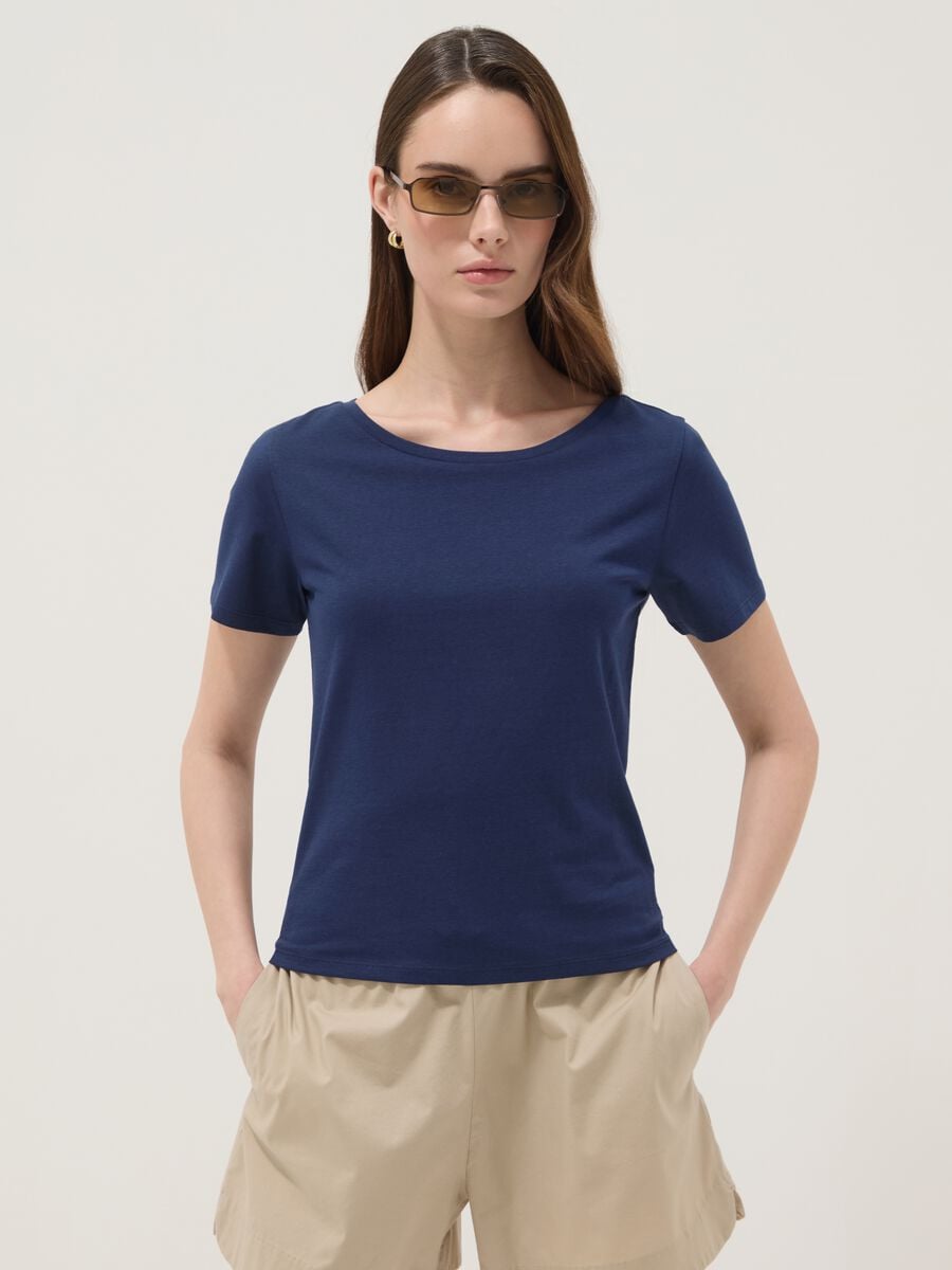 T-shirt blu in puro cotone a maniche corte_1