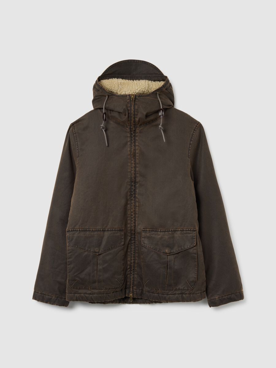Brown cotton blend regular fit heavy parka jacket with zip_0