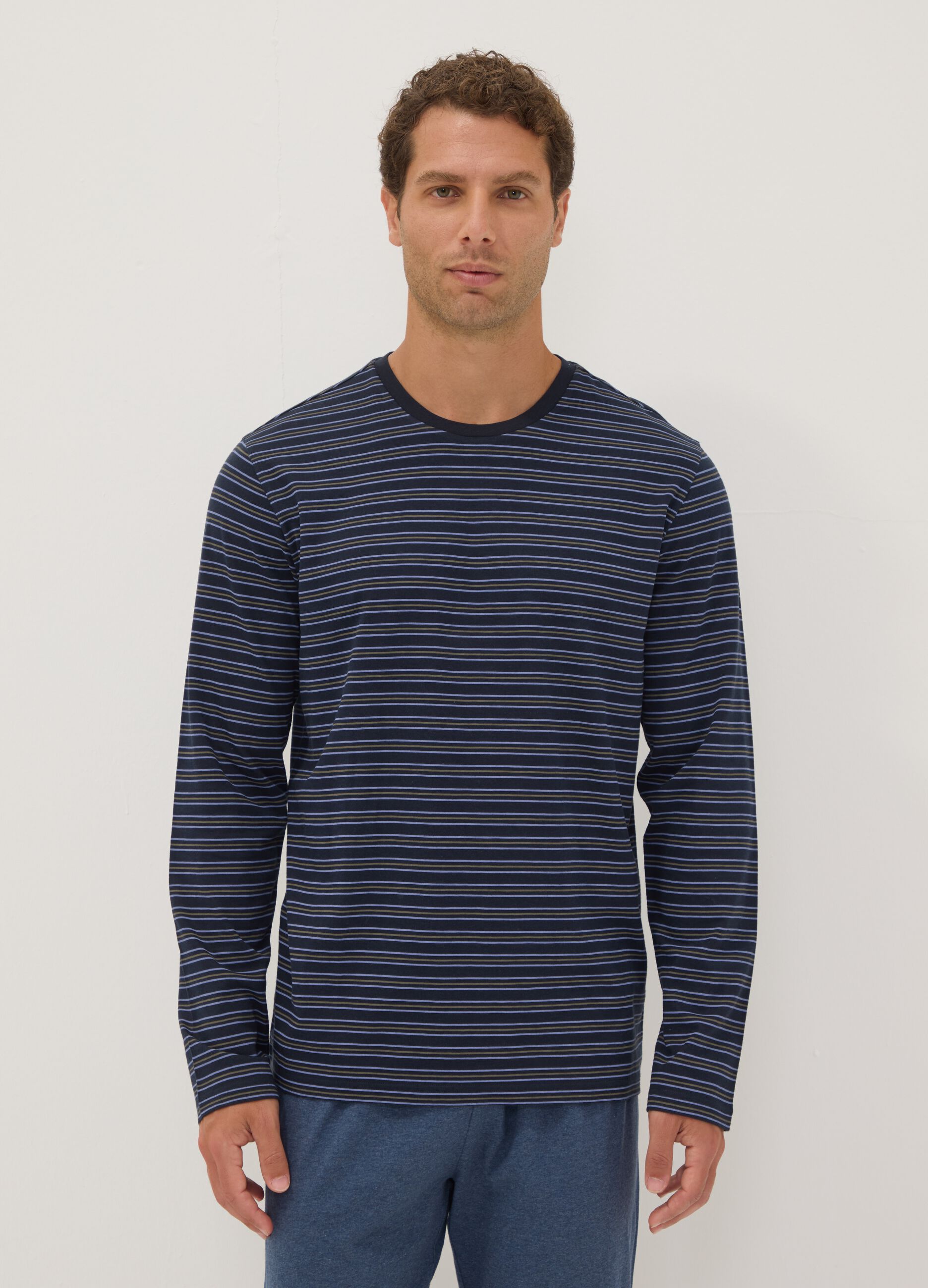 Navy blue striped pure organic cotton crew-neck pyjamas