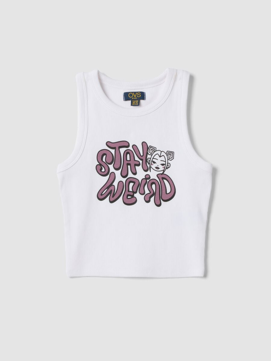 Tank top bianco in cotone elasticizzato con stampa per ragazza fitted_3