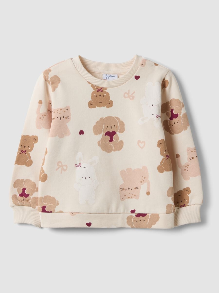 Felpa rosa girocollo in puro cotone con stampa animaletti_0