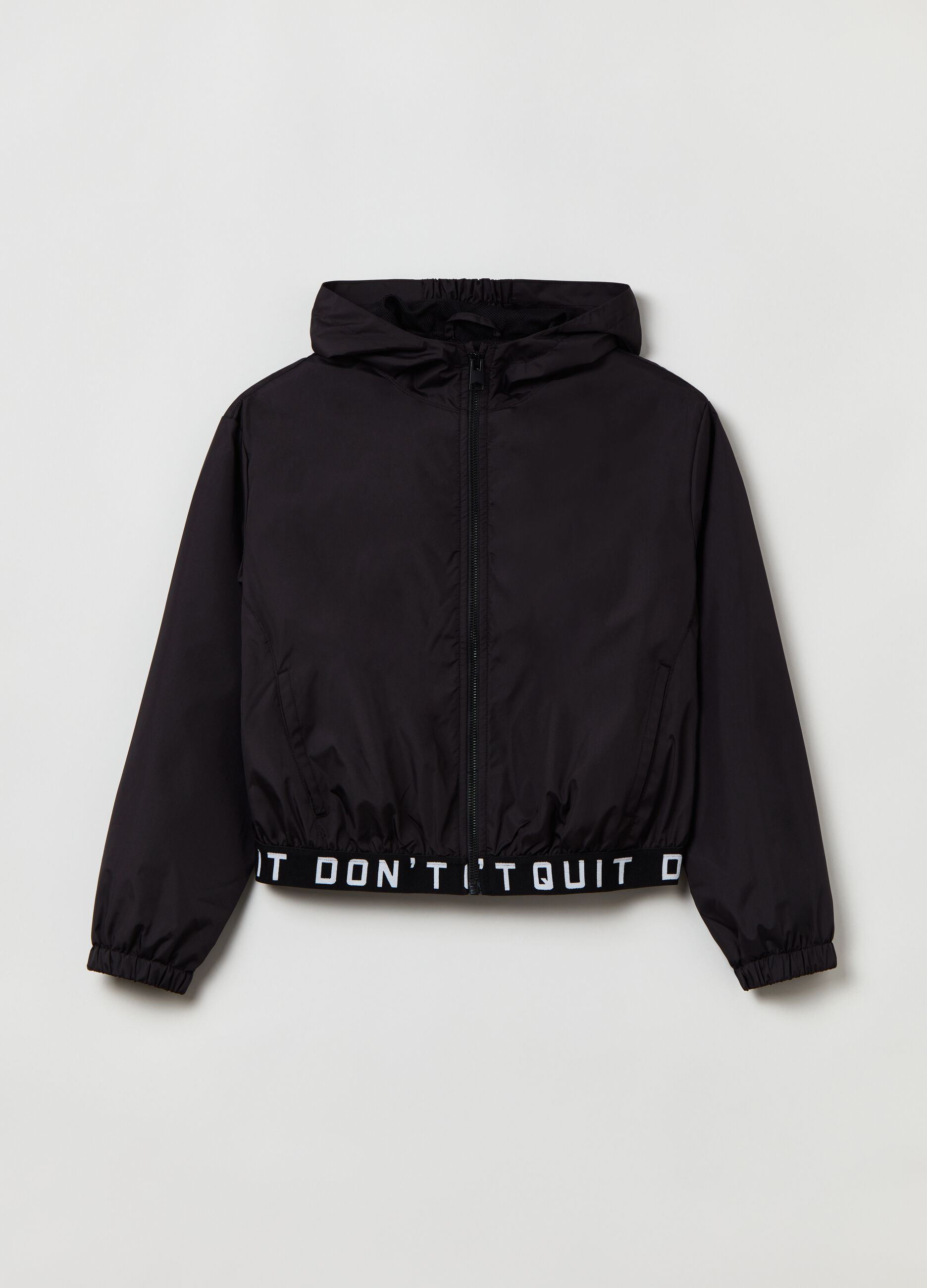 Jacket with elastic hem and lettering