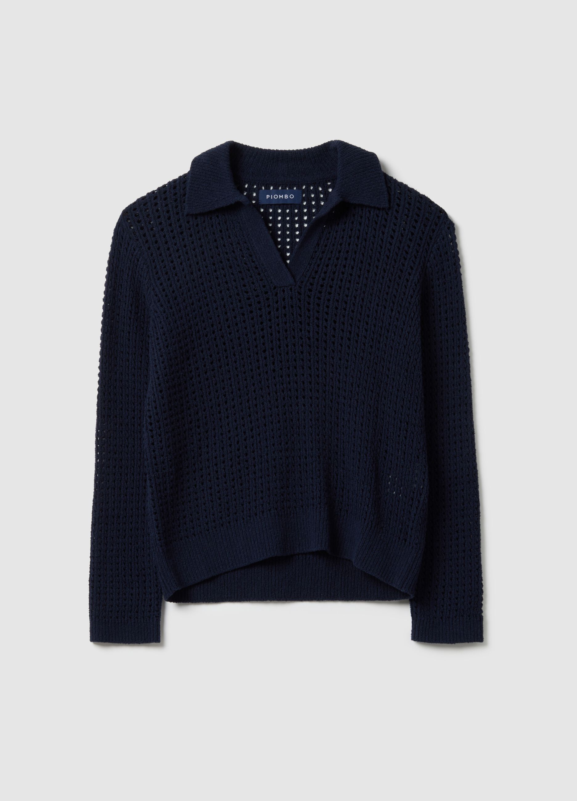 Blue cotton blend regular fit jumper with mesh pattern and polo collar