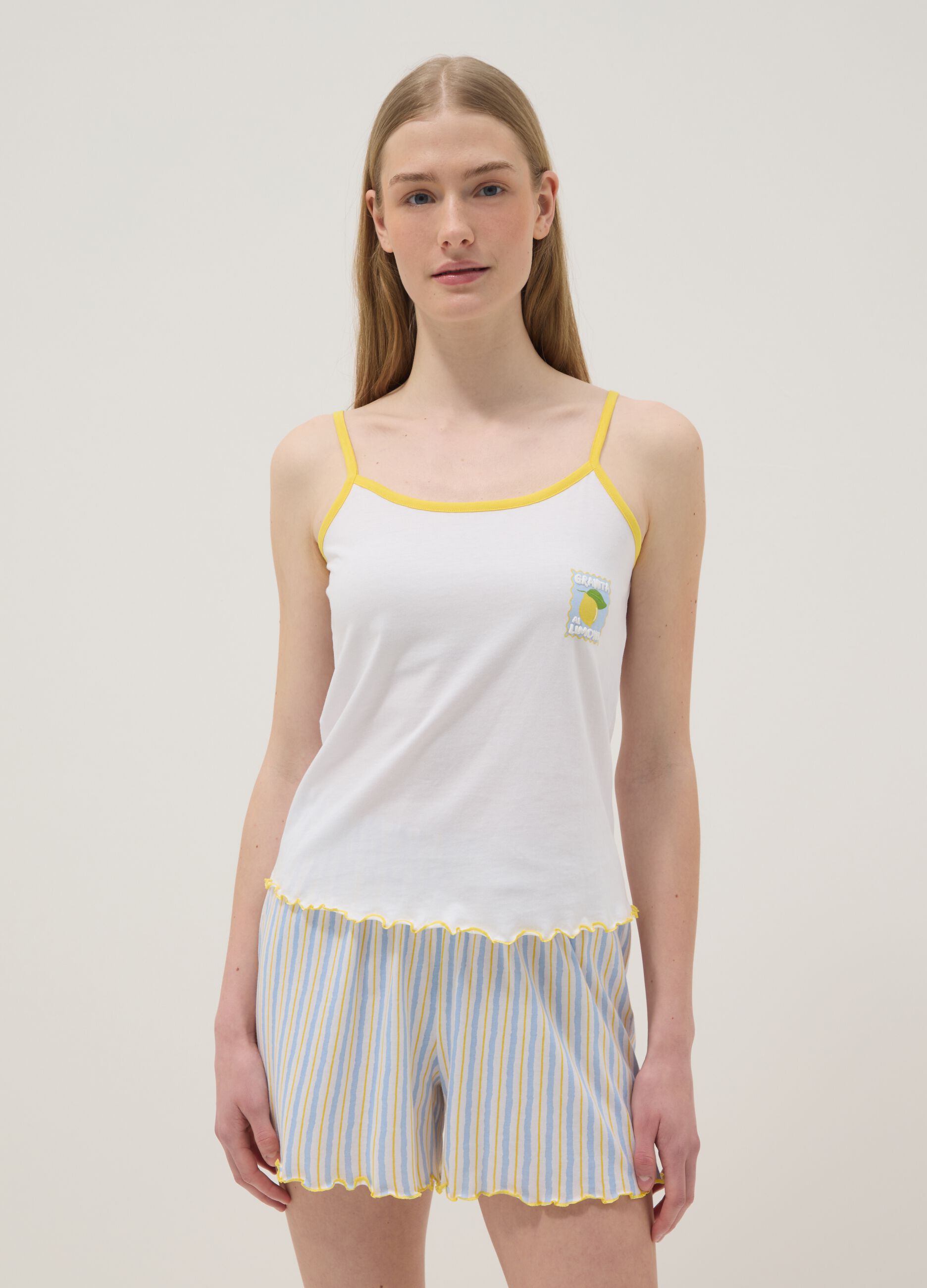 Multicolour pure cotton short pyjamas, regular fit, with gathered trims