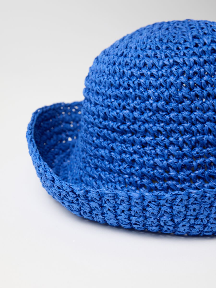 Blue cloche hat made of knitted paper textile_2