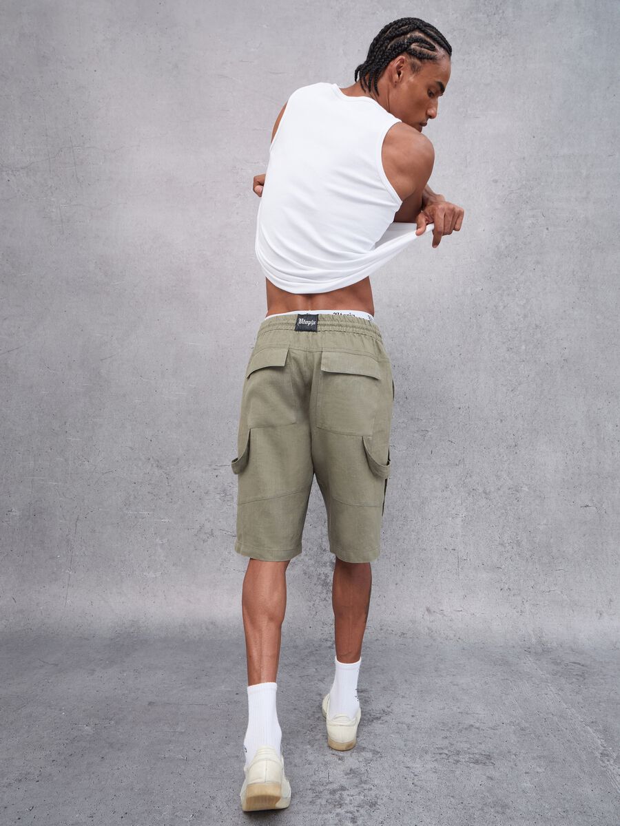 100% Linen Cargo Shorts Military Green_2