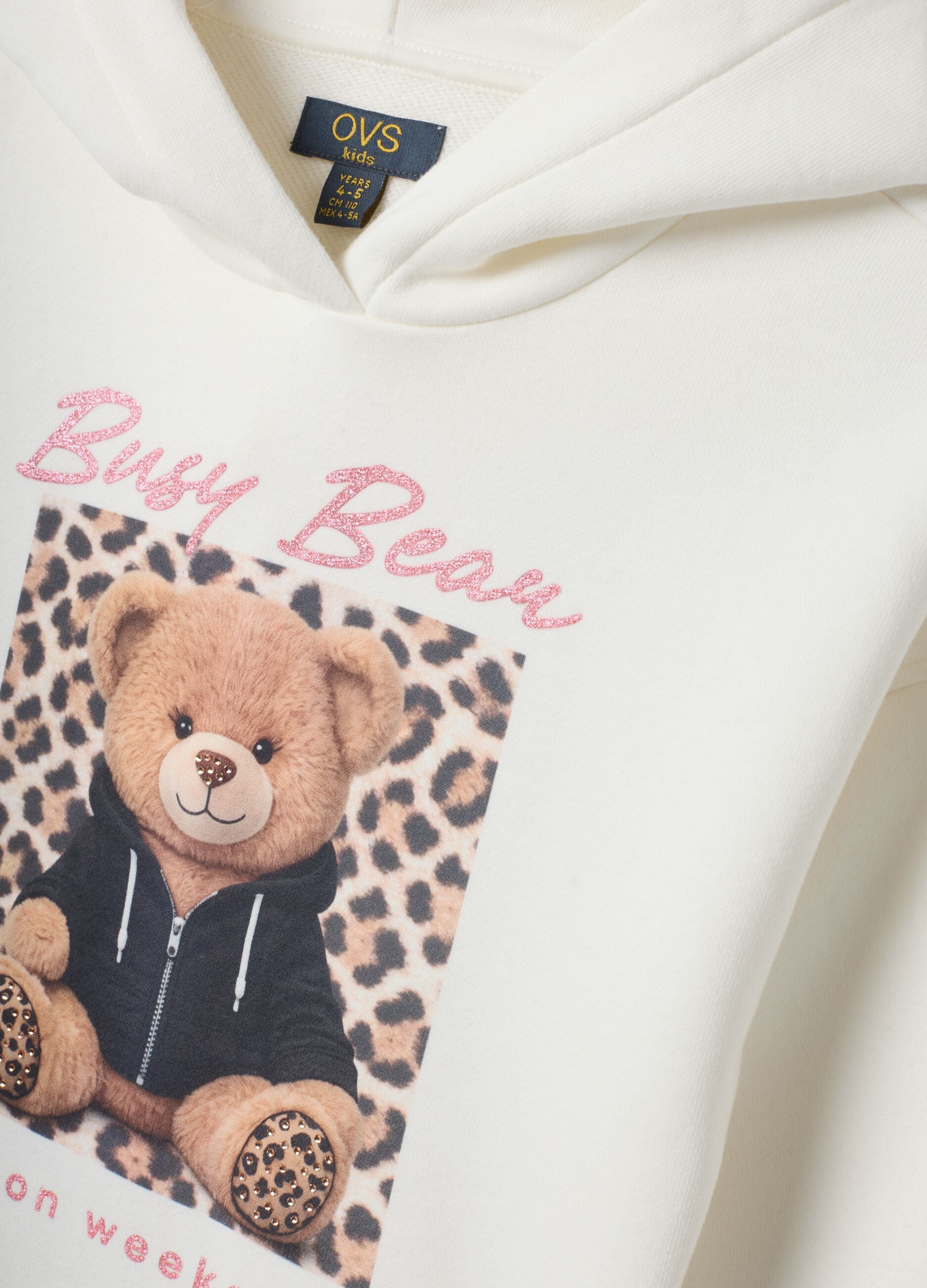 White hooded sweatshirt with teddy bear print in cotton blend