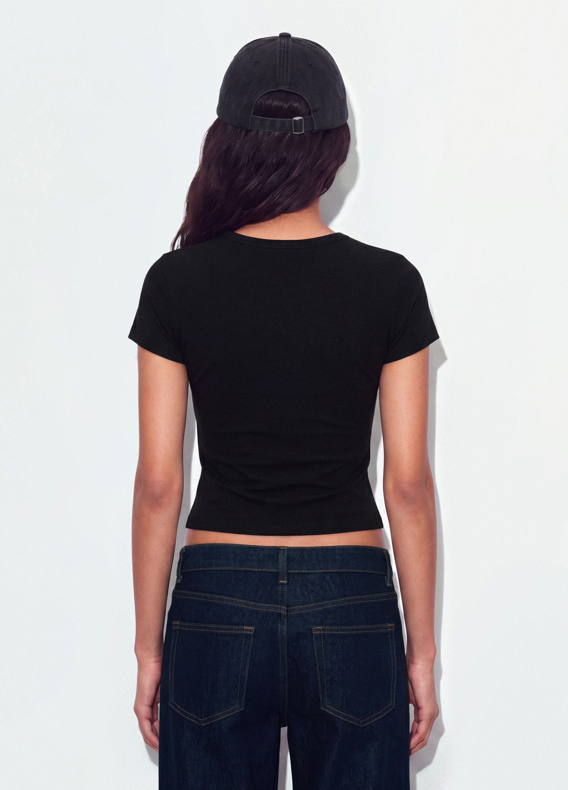 Black fitted stretch-cotton T-shirt with rhinestone embellishment