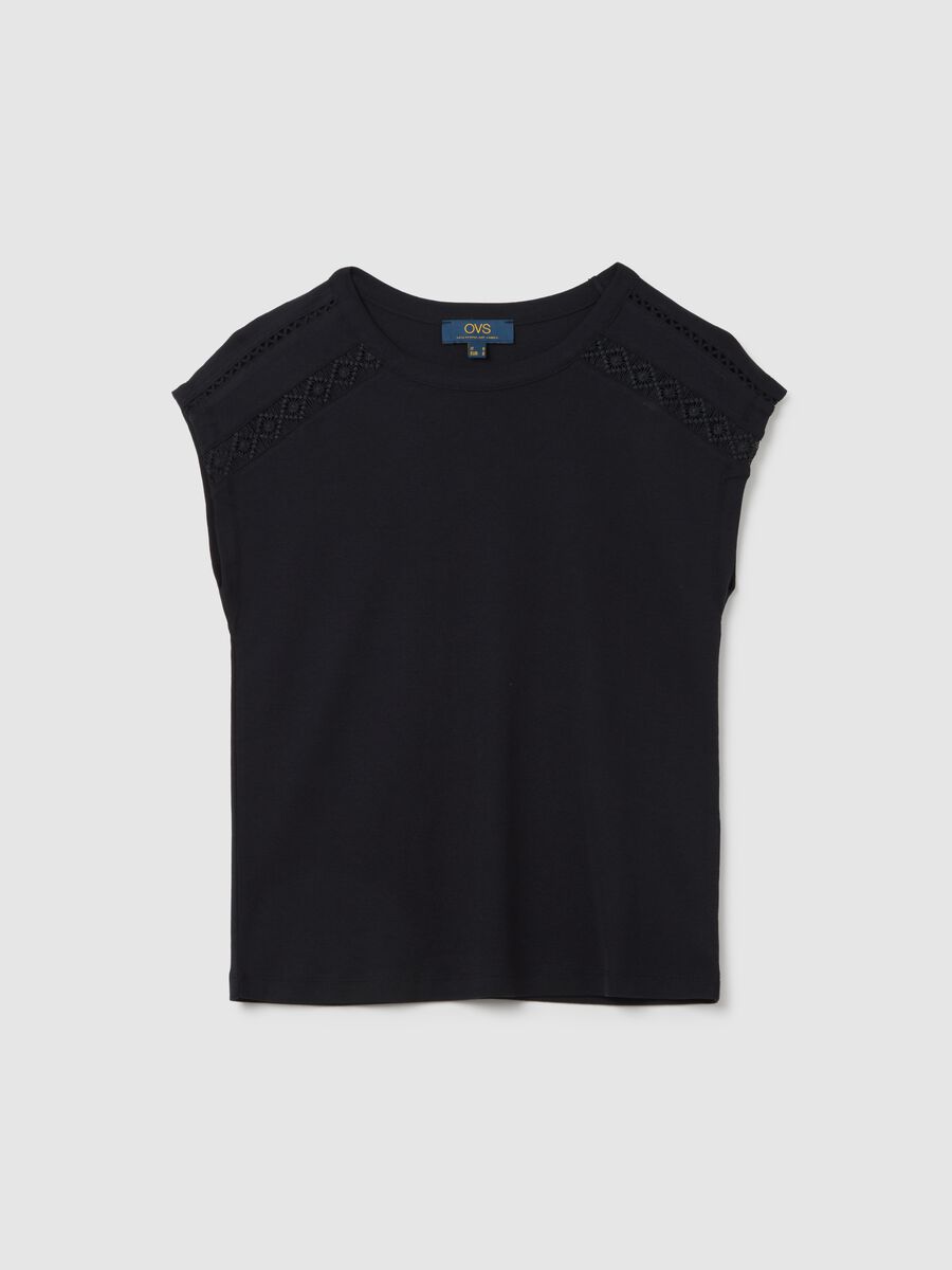 Black pure cotton women's t-shirt regular fit with lace_0