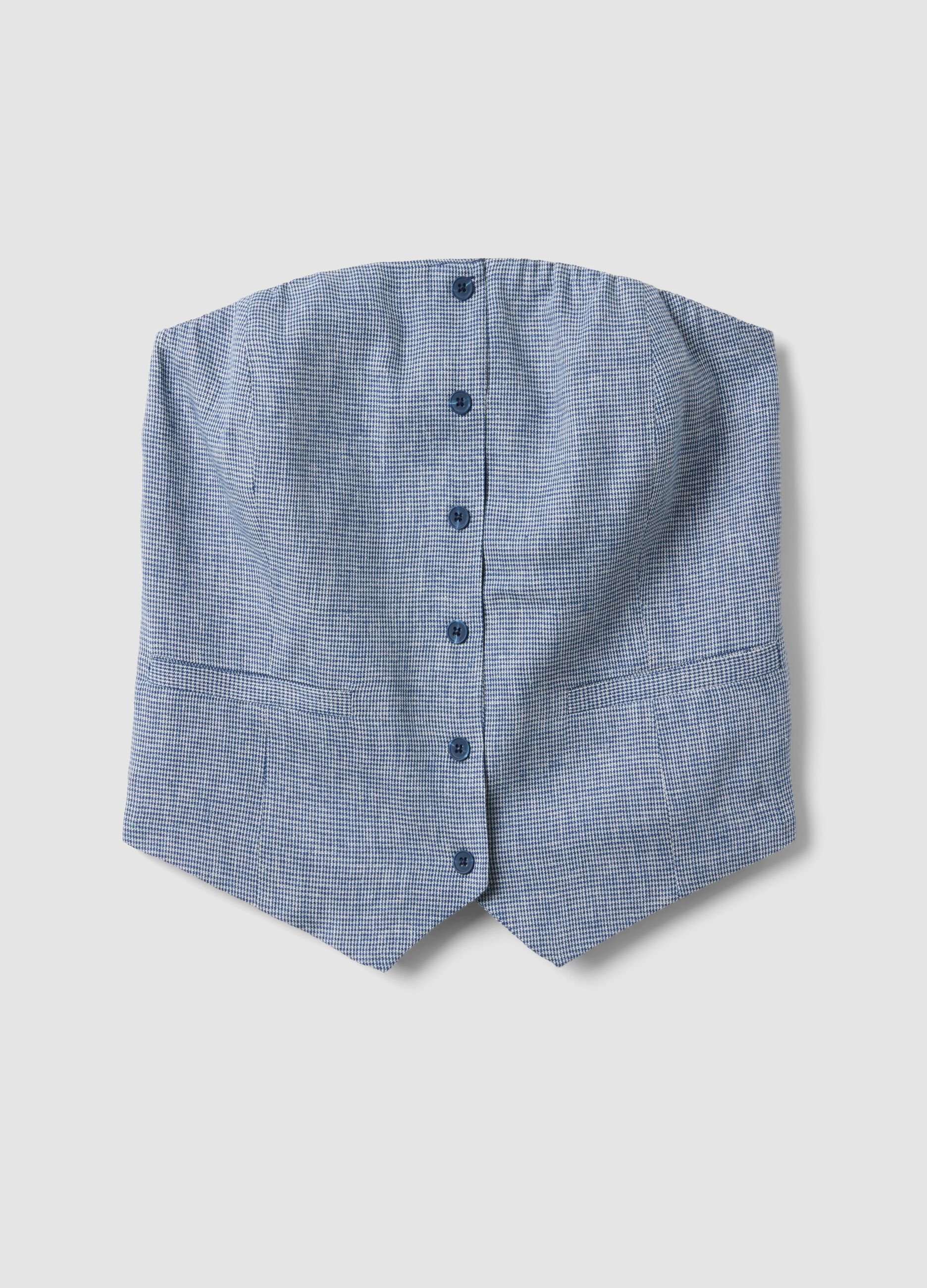 Slim-fit white and blue checked linen-blend corset