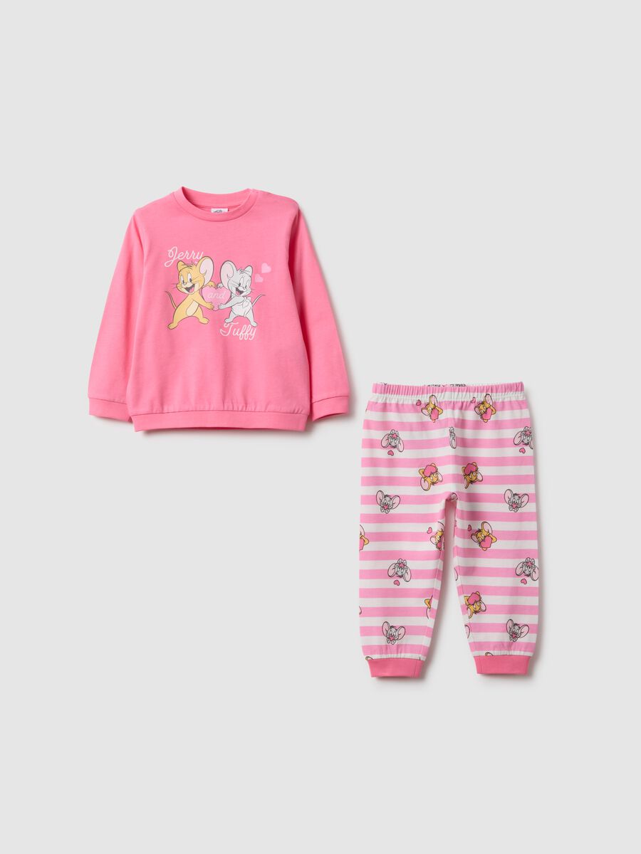 Pigiama in puro cotone rosa a righe da neonata con stampa Jerry and Tuffy_0