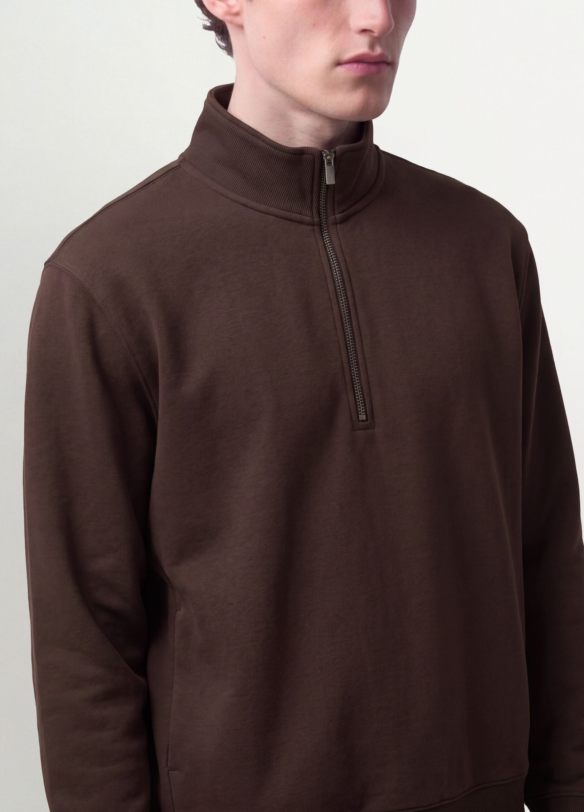 Brown half-zip cotton-blend crew neck