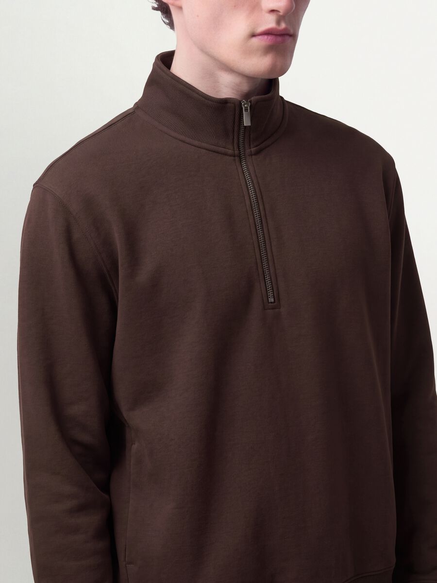 Brown half-zip cotton-blend crew neck_2