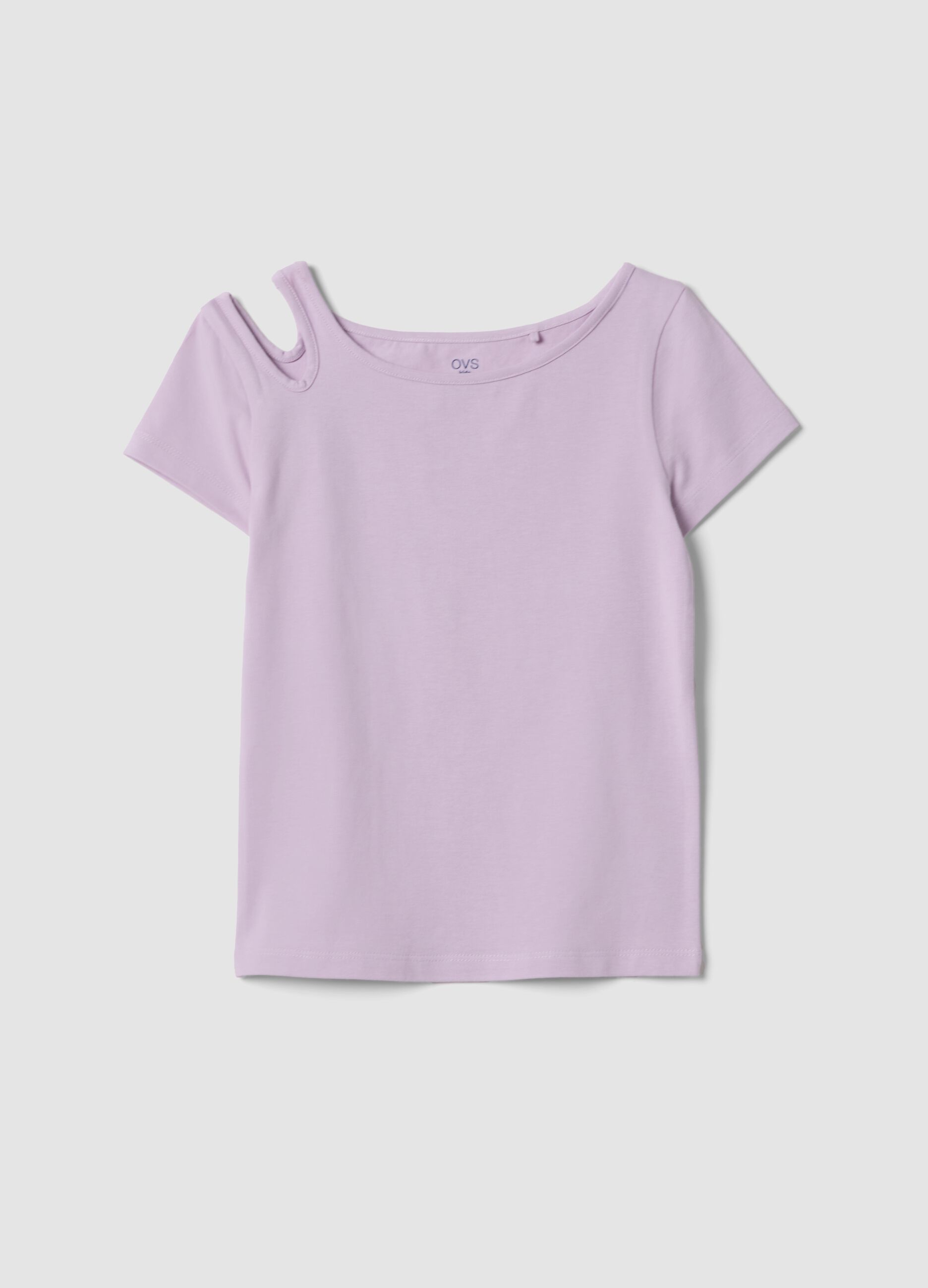 T-shirt viola in cotone organico con spalla scoperta