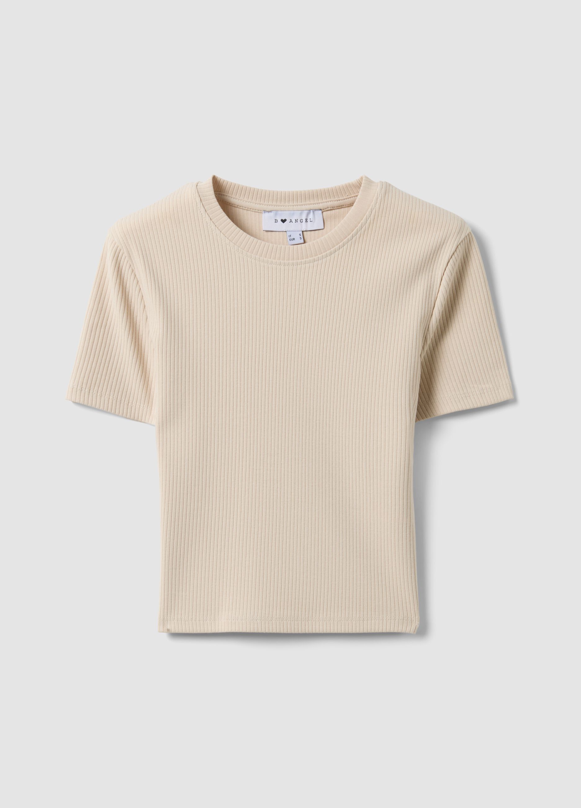 T-shirt fitted in cotone elasticizzato beige a costine