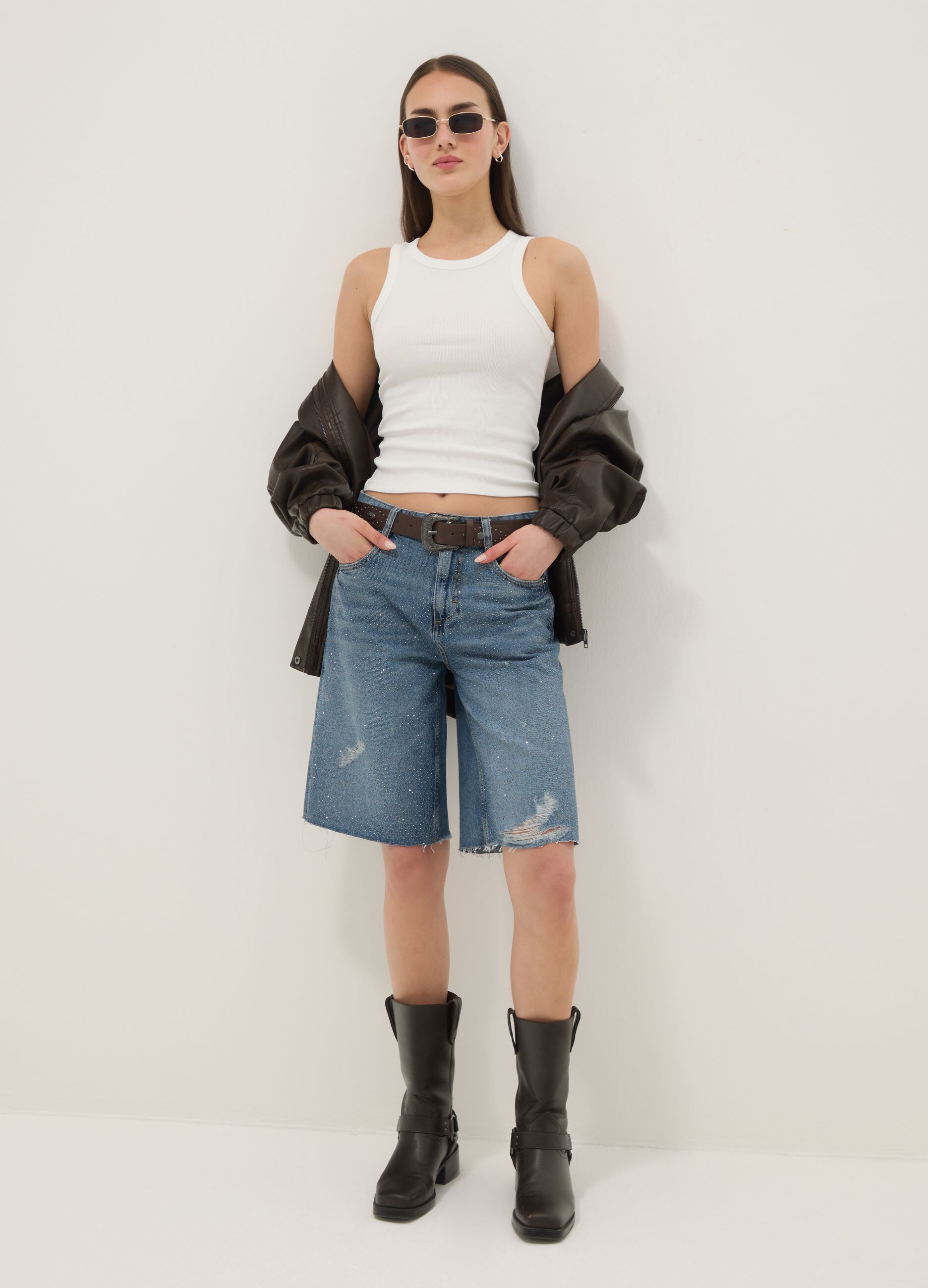 Blue pure cotton denim Bermuda shorts