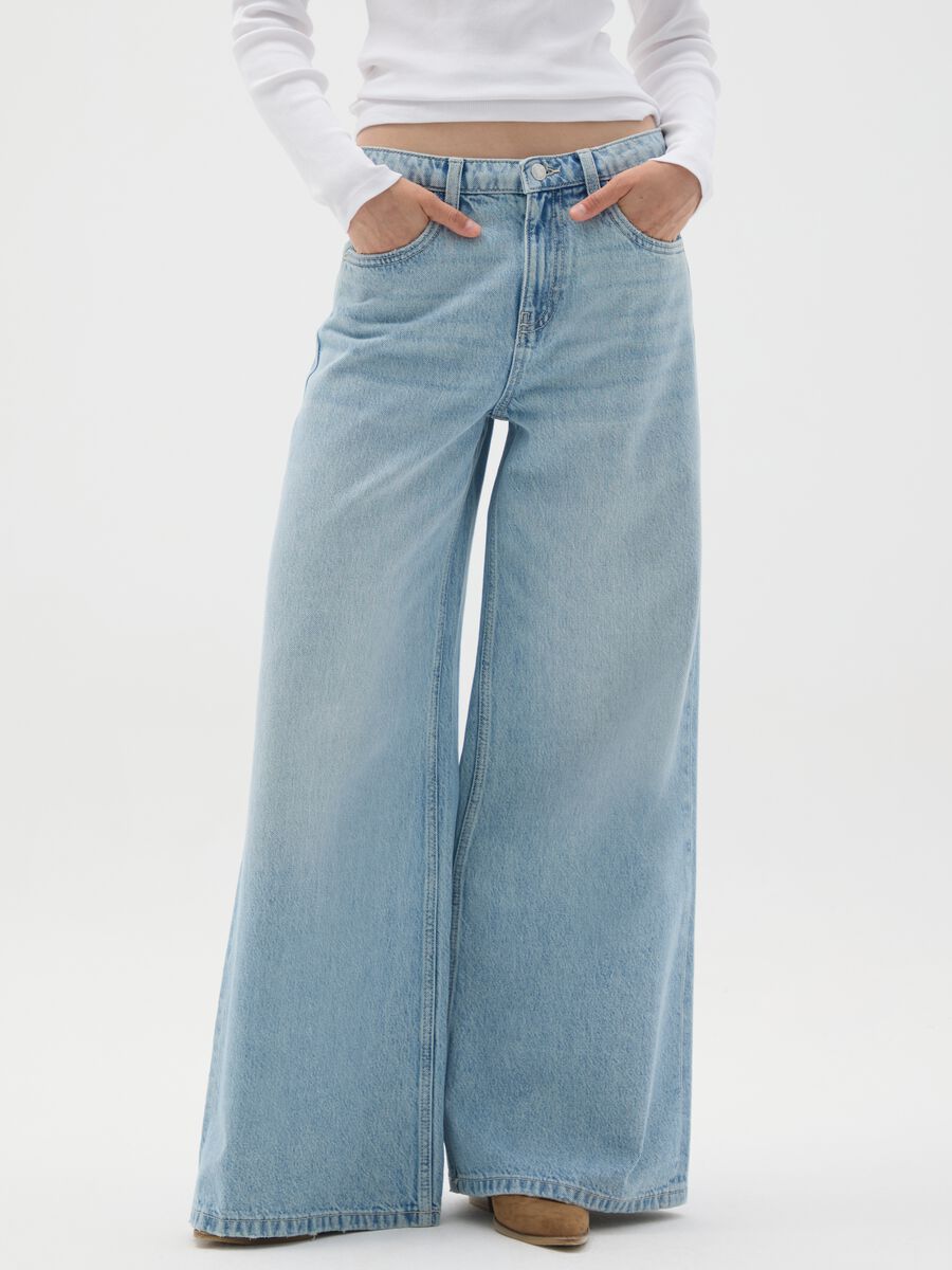 Wide leg pure cotton blue jeans_1