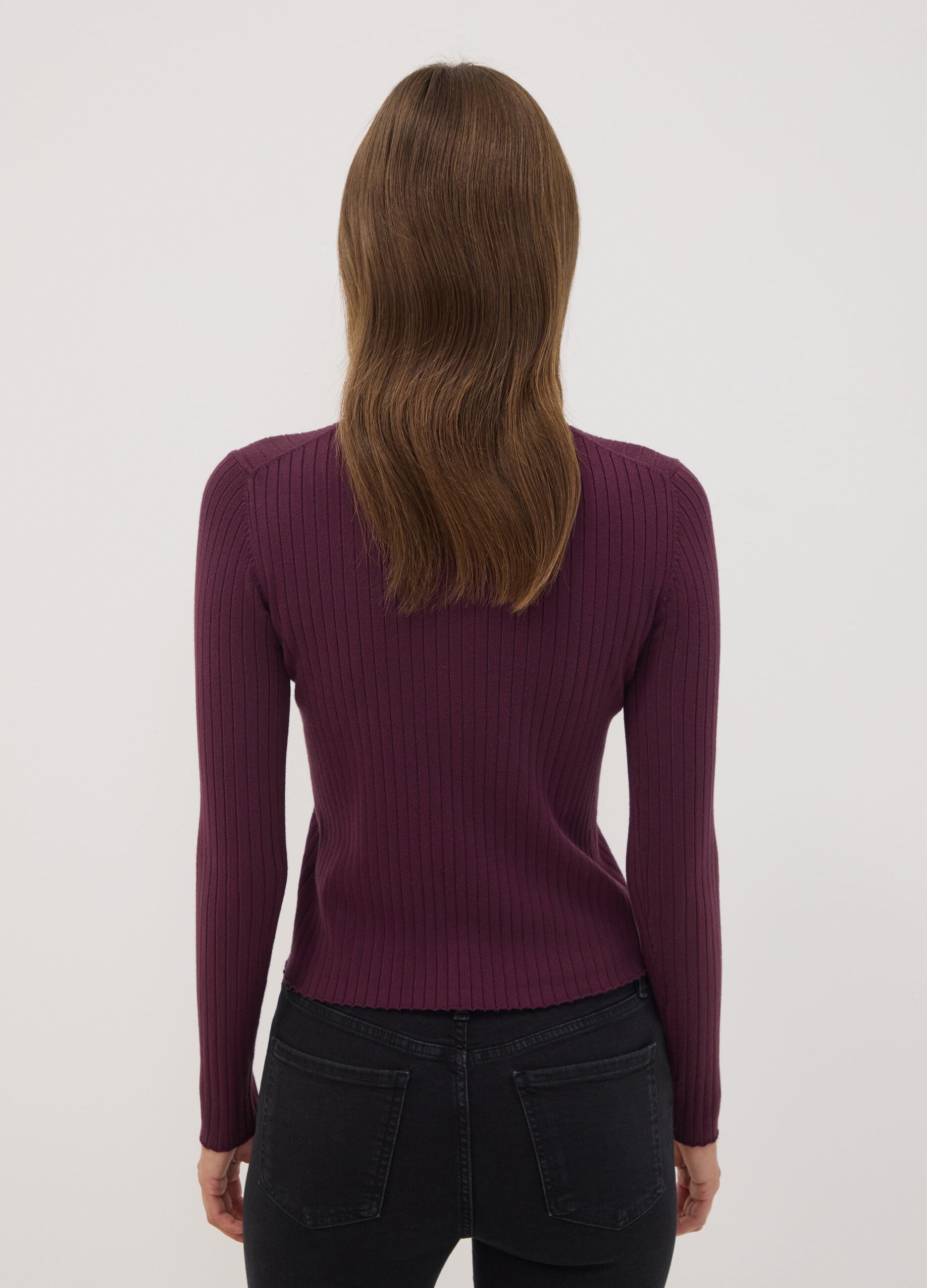 Purple ribbed viscose-blend top with high neck