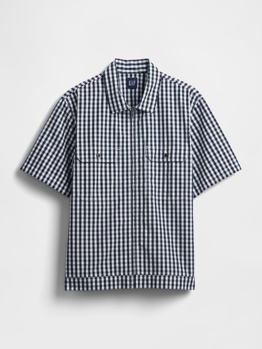 Blue and white checked short-sleeve shirt_4