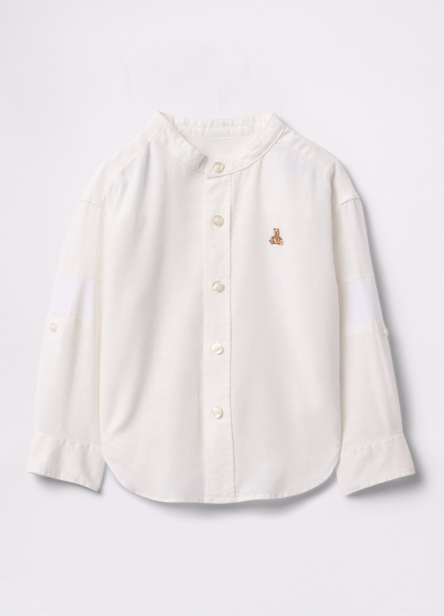 White linen and cotton shirt with teddy bear embroidery