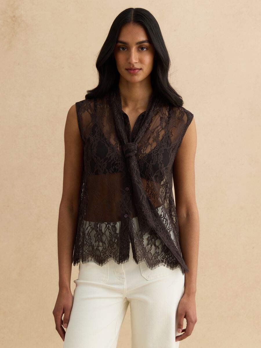 Regular fit brown lace tank top with bow_0