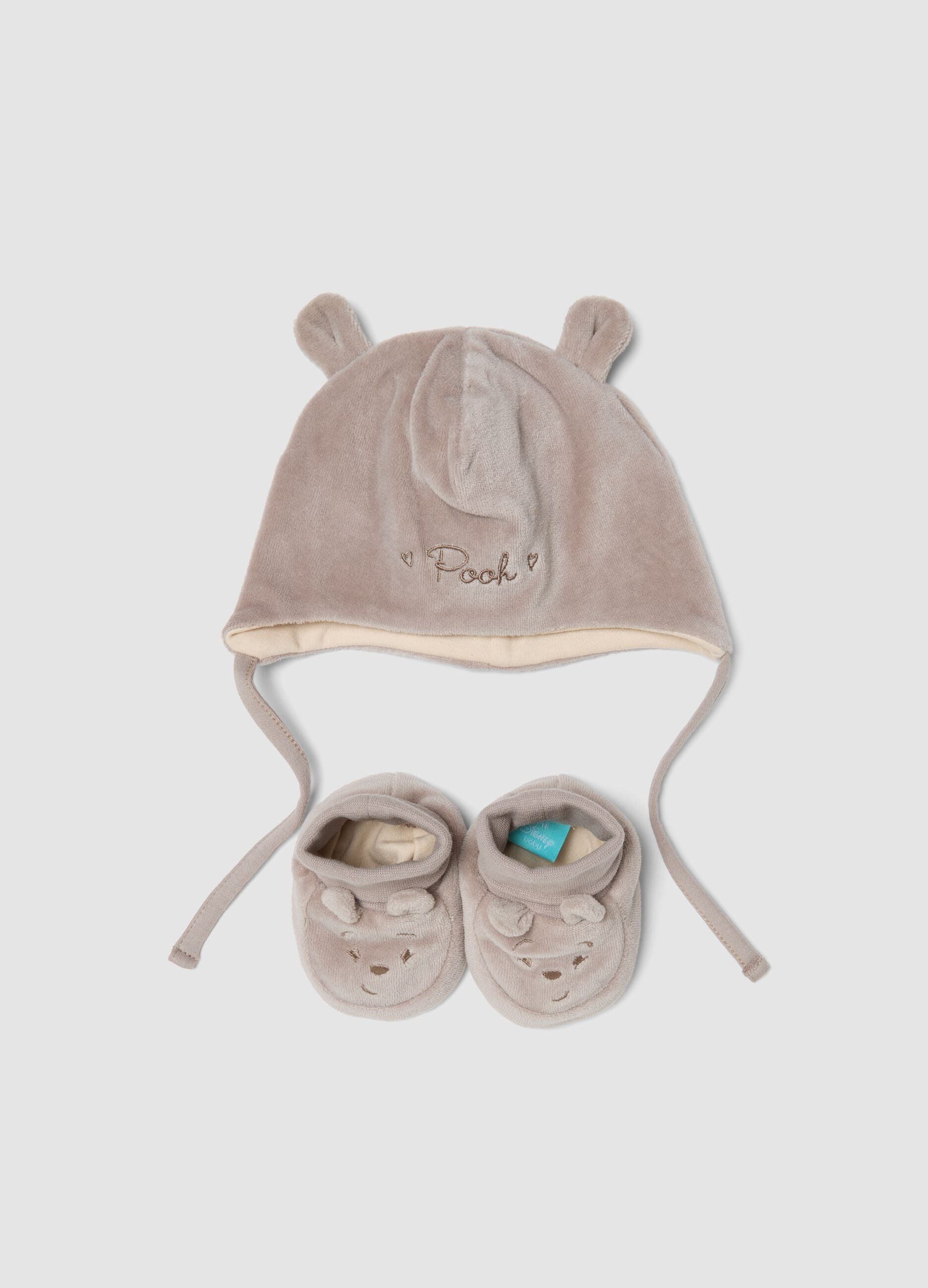 Grey Winnie the Pooh baby hat and booties set