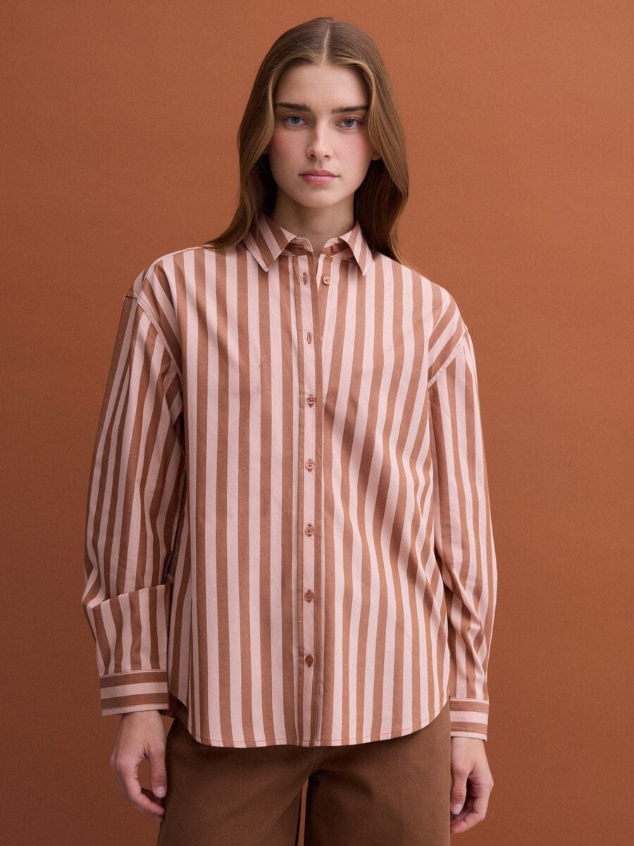 Brown striped pure cotton poplin shirt, regular fit_1