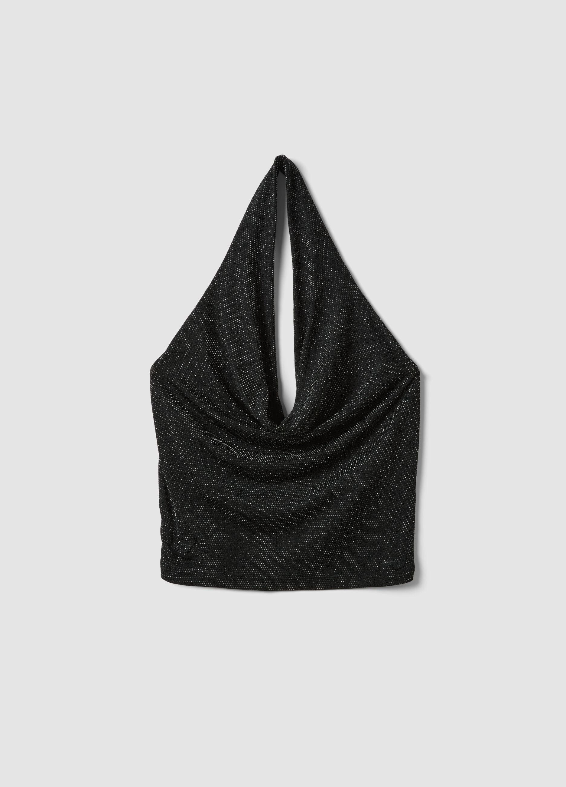 Top halter nero in tessuto elasticizzato regular fit