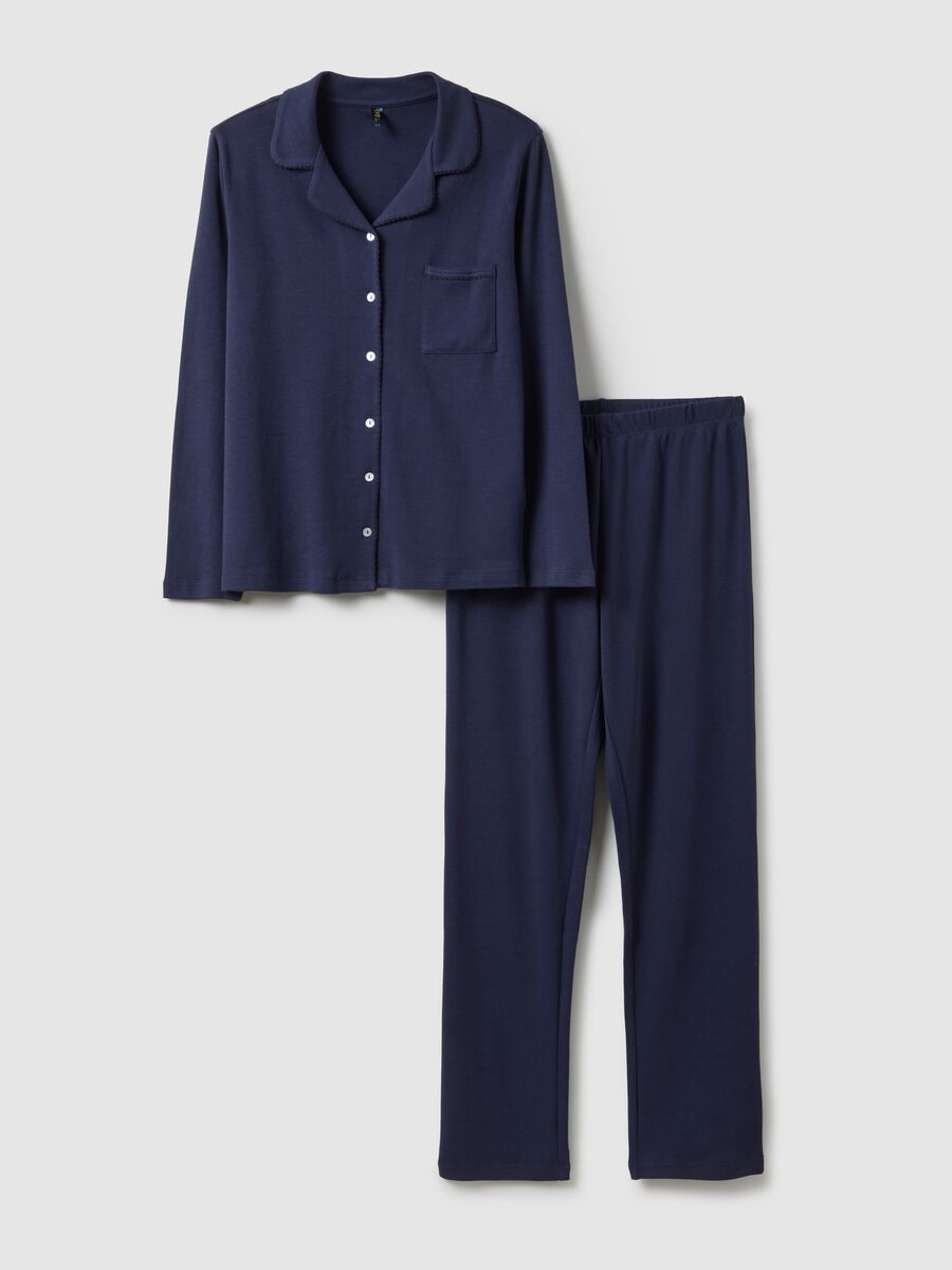 Blue pure cotton regular fit pyjamas with chest pocket and V-neck_4