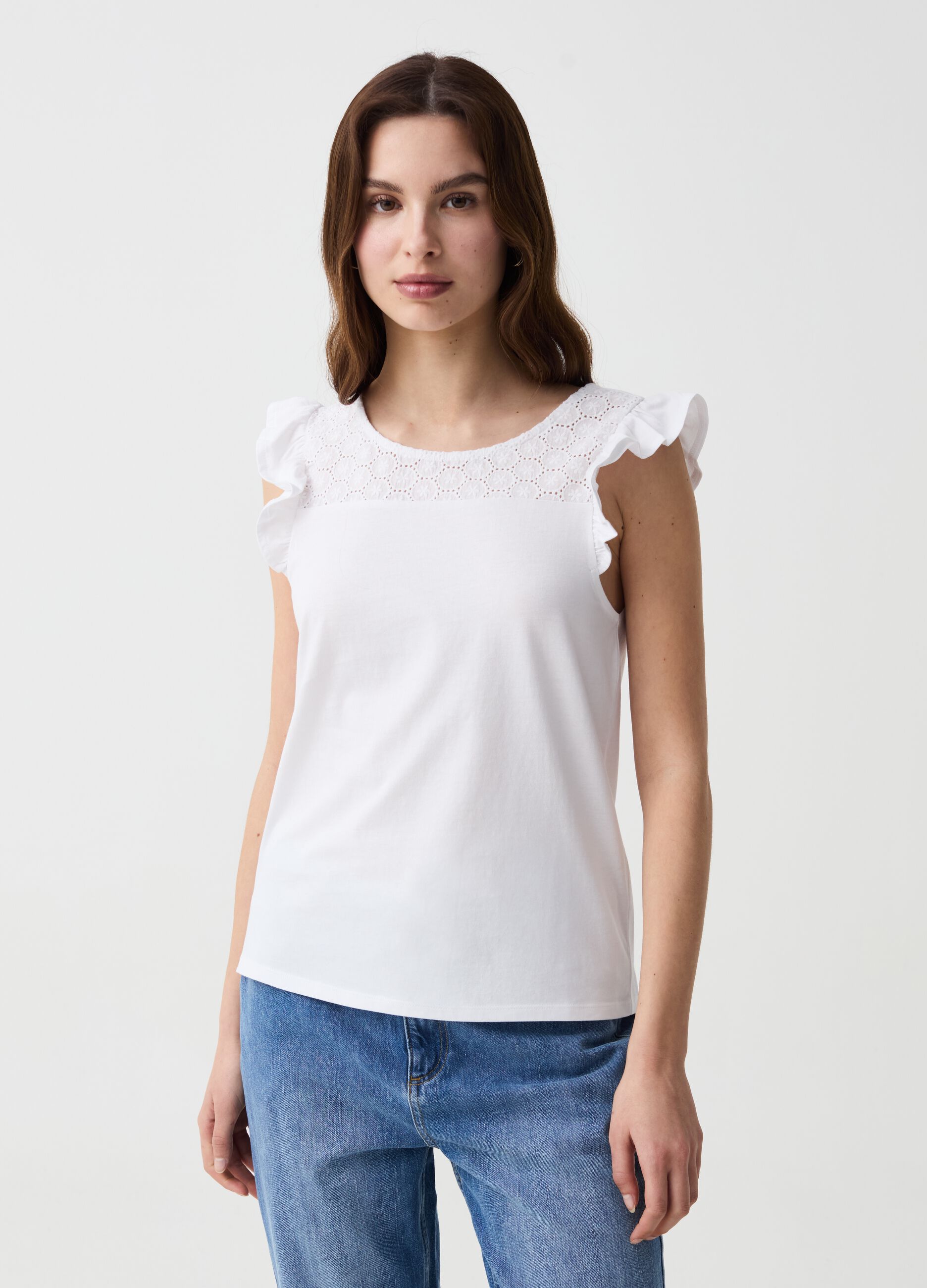 T-shirt with broderie anglaise insert and flounce