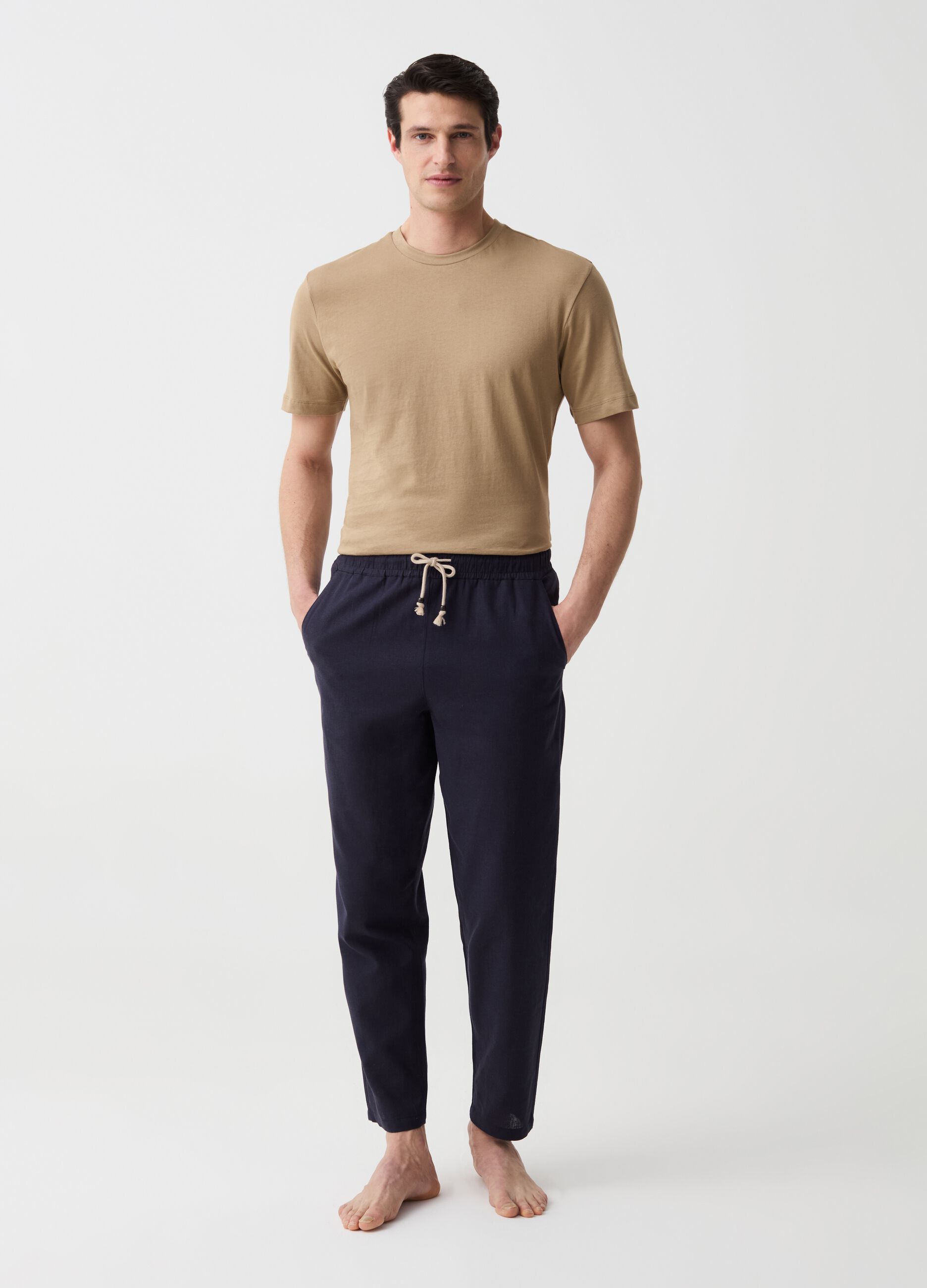 Long pyjama trousers in linen and cotton