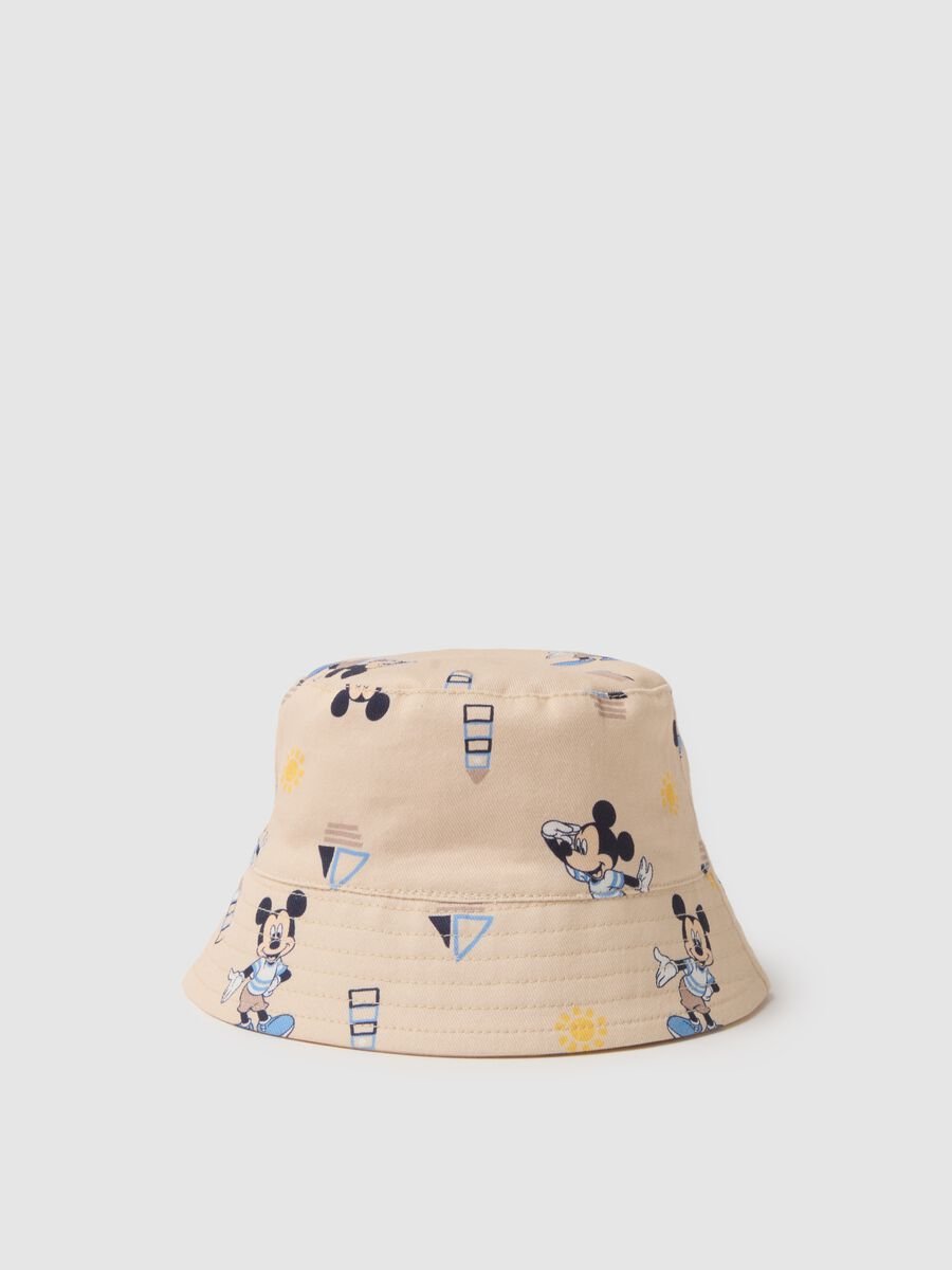 Bucket hat in puro cotone beige da bimbo con stampe Topolino_0