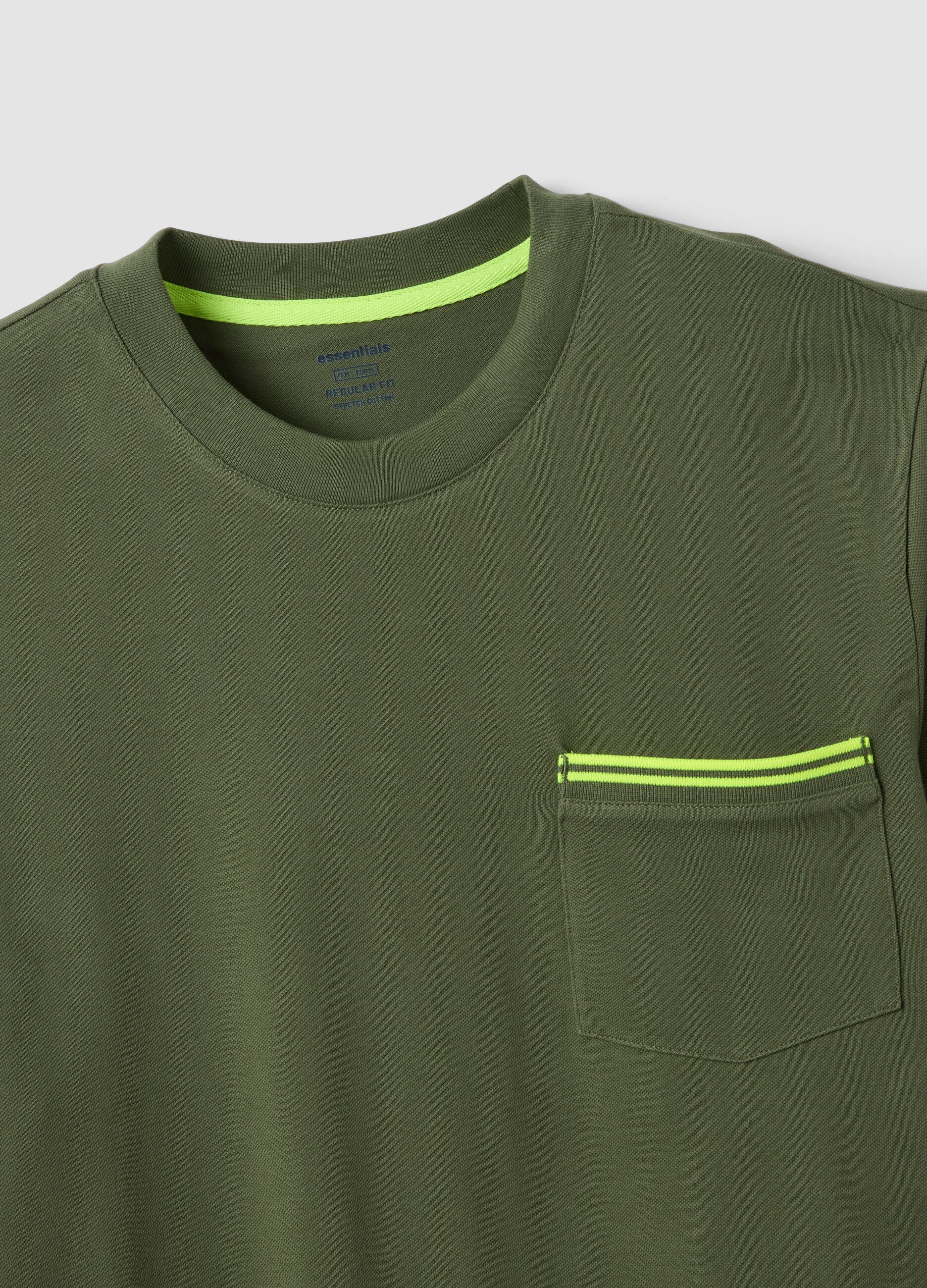 Green stretch cotton T-shirt with chest pocket