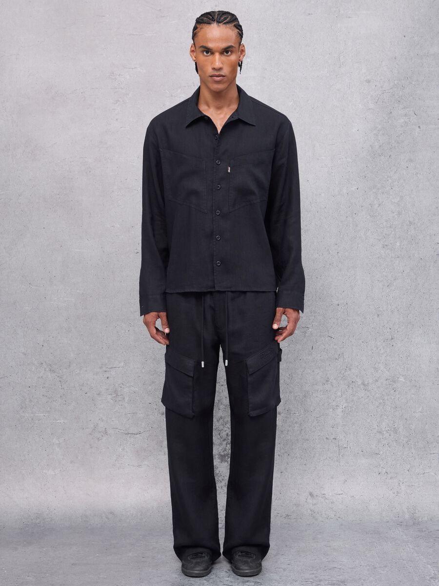 100% Linen Black Cargo Trousers_1