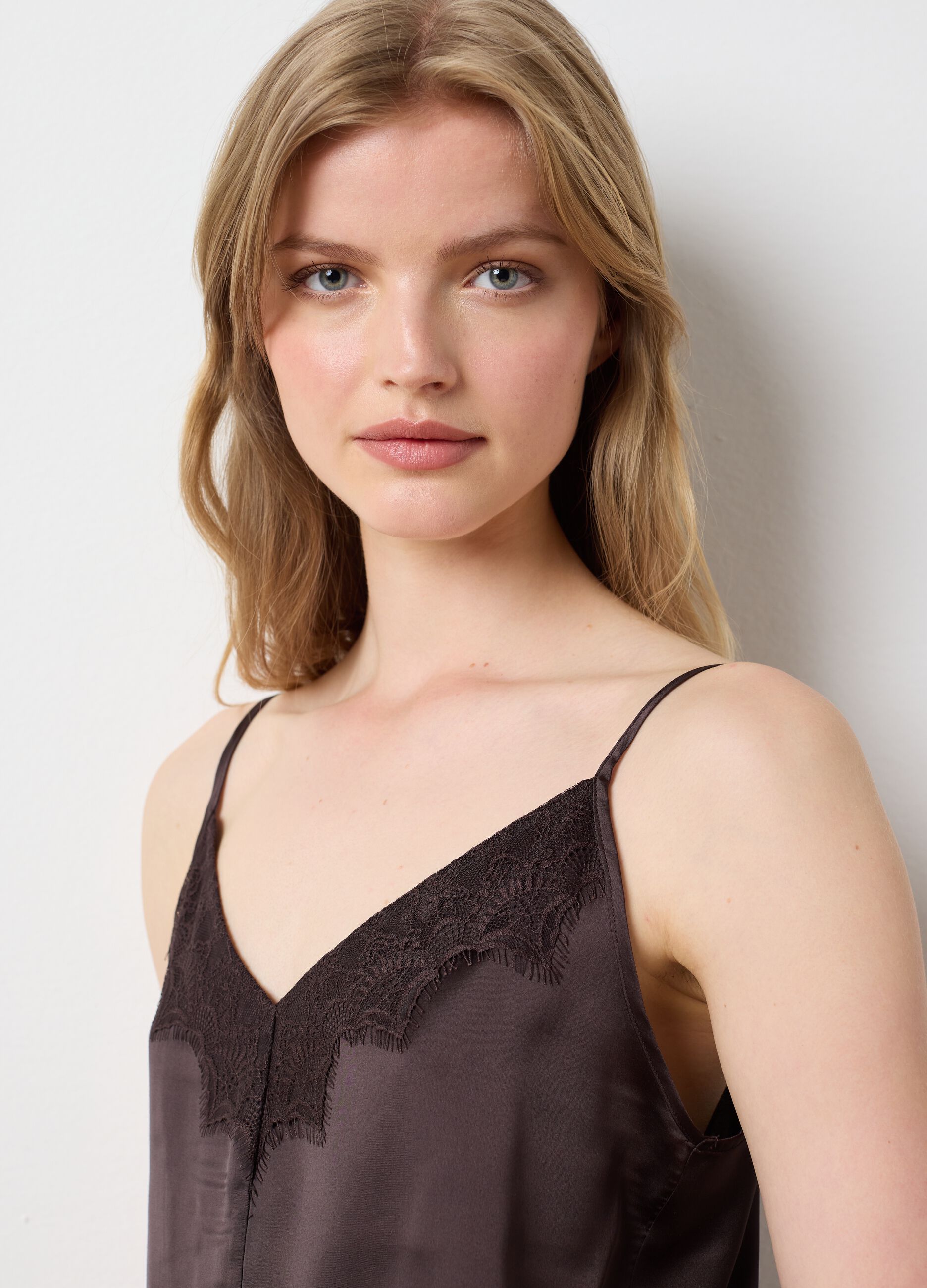 Women's brown satin blend slim fit top with lace
