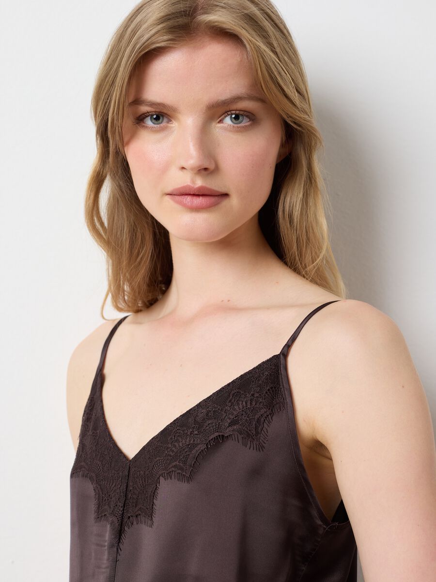 Women's brown satin blend slim fit top with lace_2