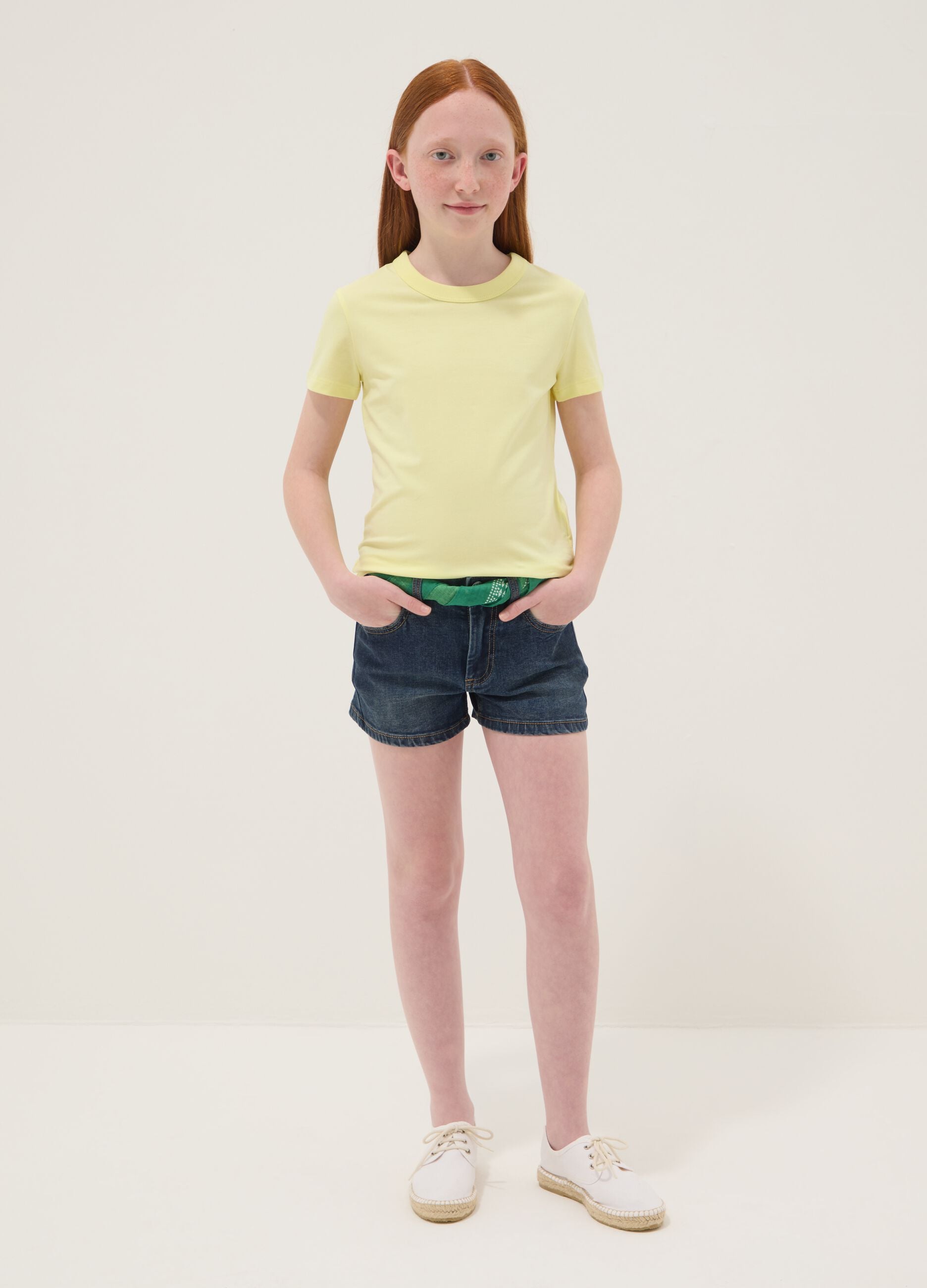 Blue stretch cotton-blend denim shorts for girls, slim fit
