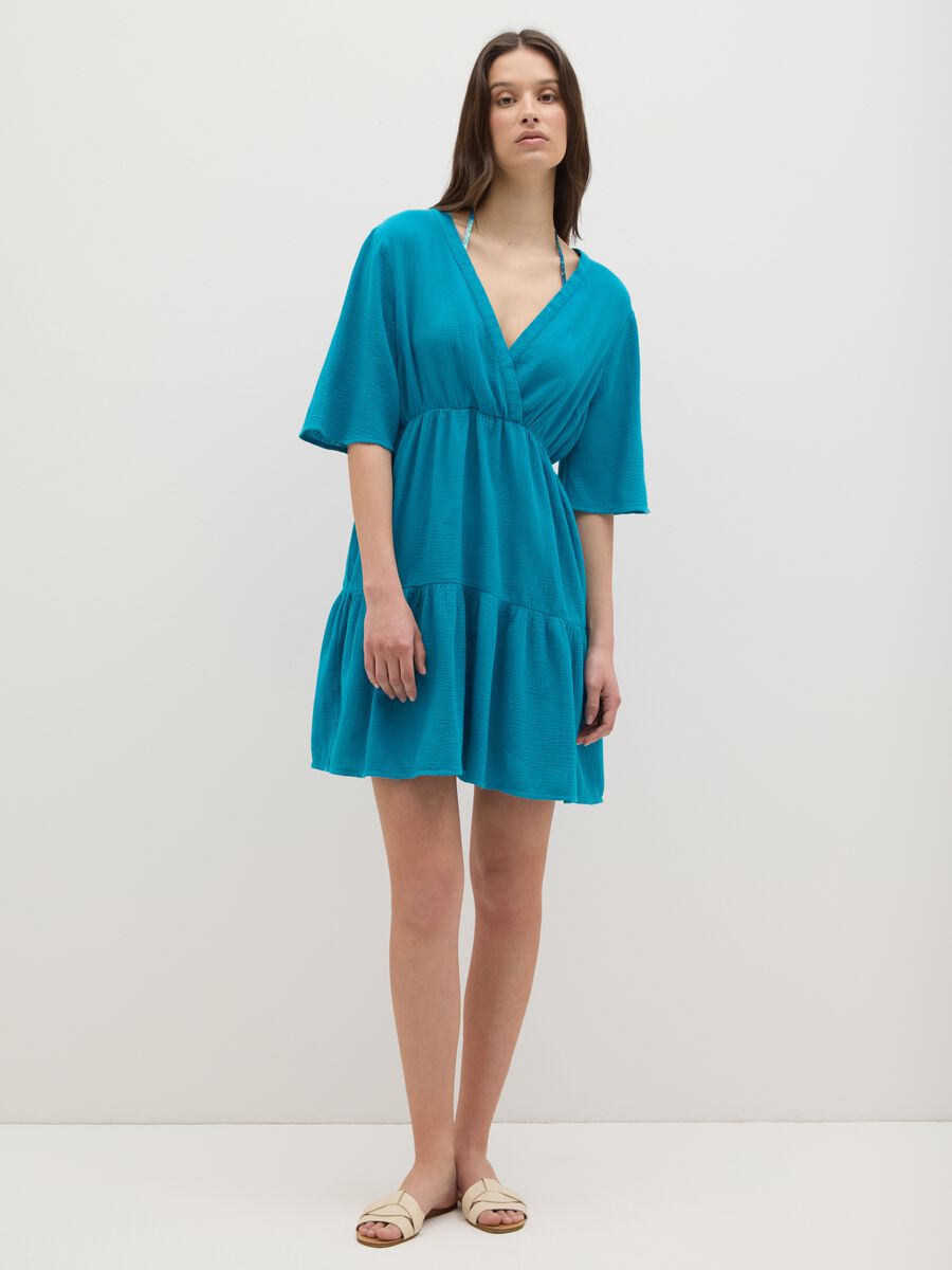 Women's long blue dress in pure cotton_0