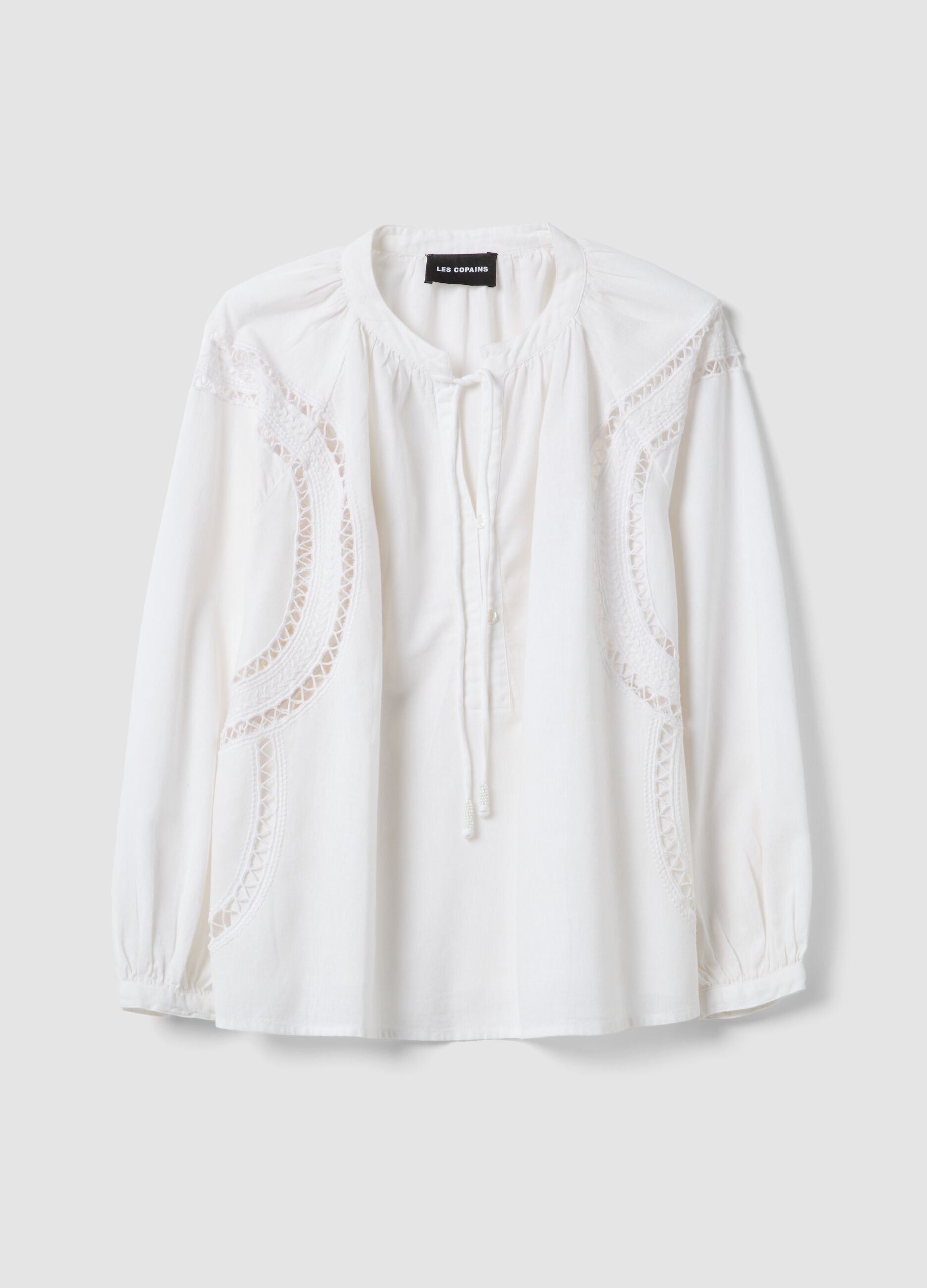 White regular fit cotton-linen blend blouse with eyelet details