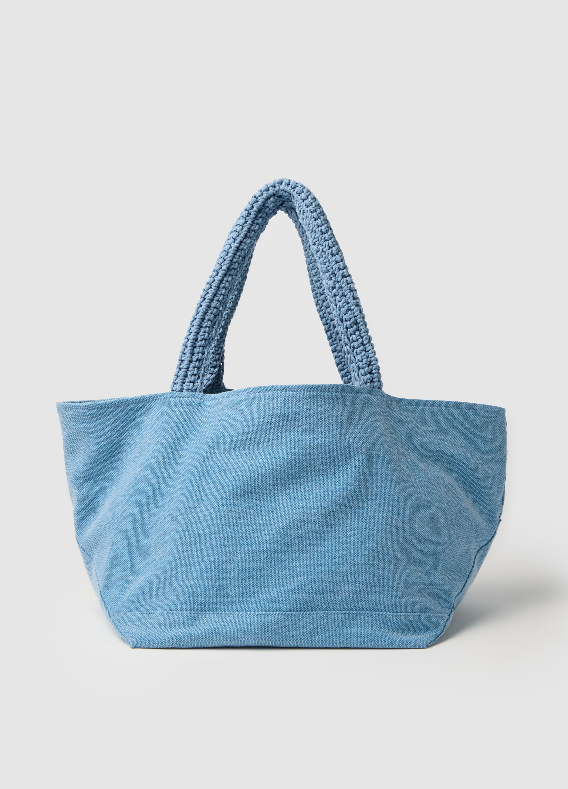 Women's light blue pure cotton tote with braided handles
