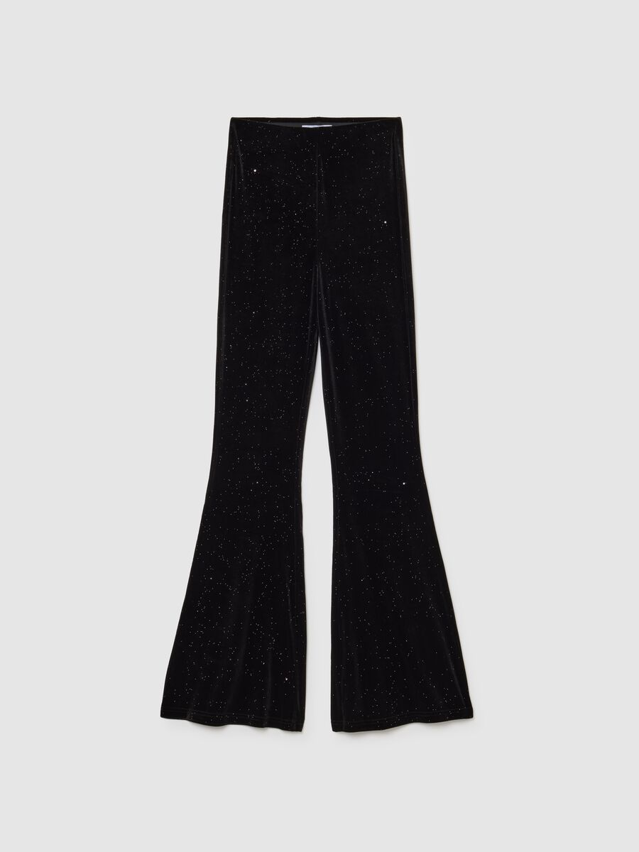 Black stretch fabric flare trousers with glitter_4