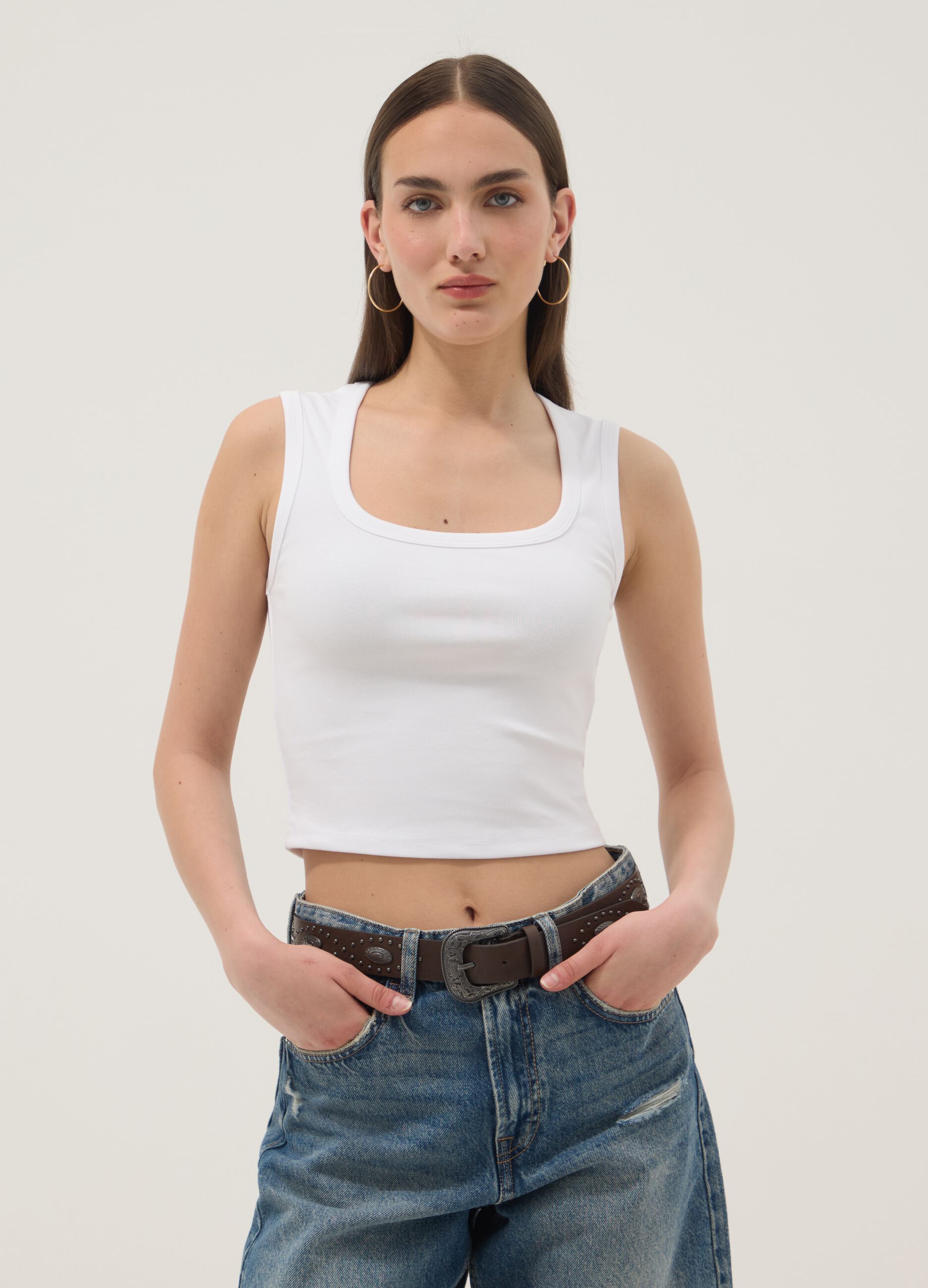 White stretch cotton tank top