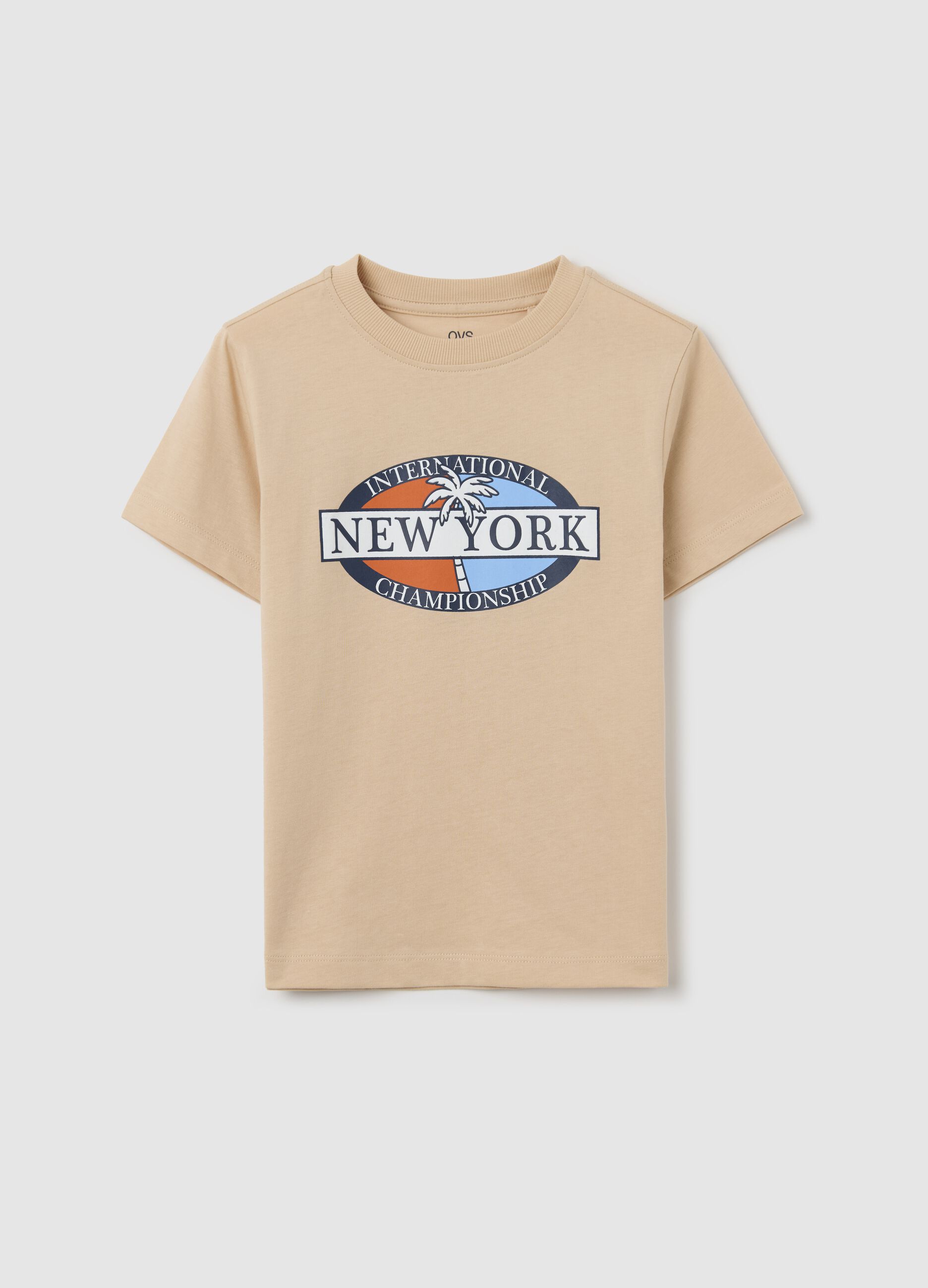 Beige cotton T-shirt with lettering print