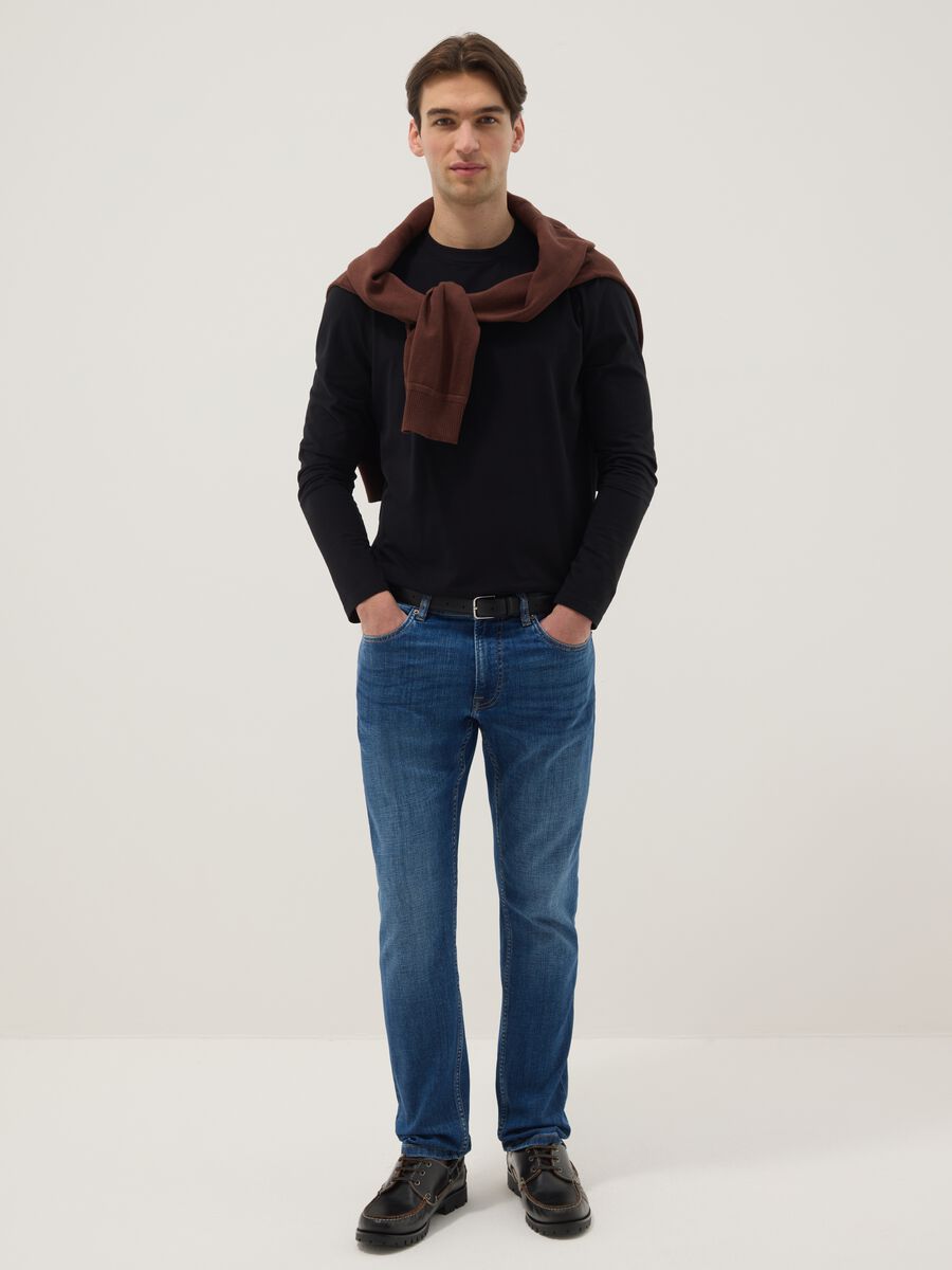 Blue Stretch Denim Slim Fit Cotton Jeans_0