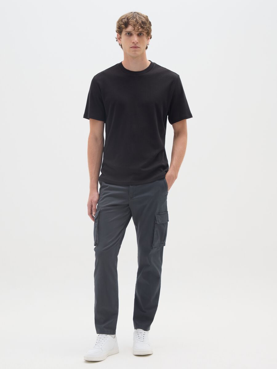 Black Regular Fit Stretch Cotton Cargo Trousers_0