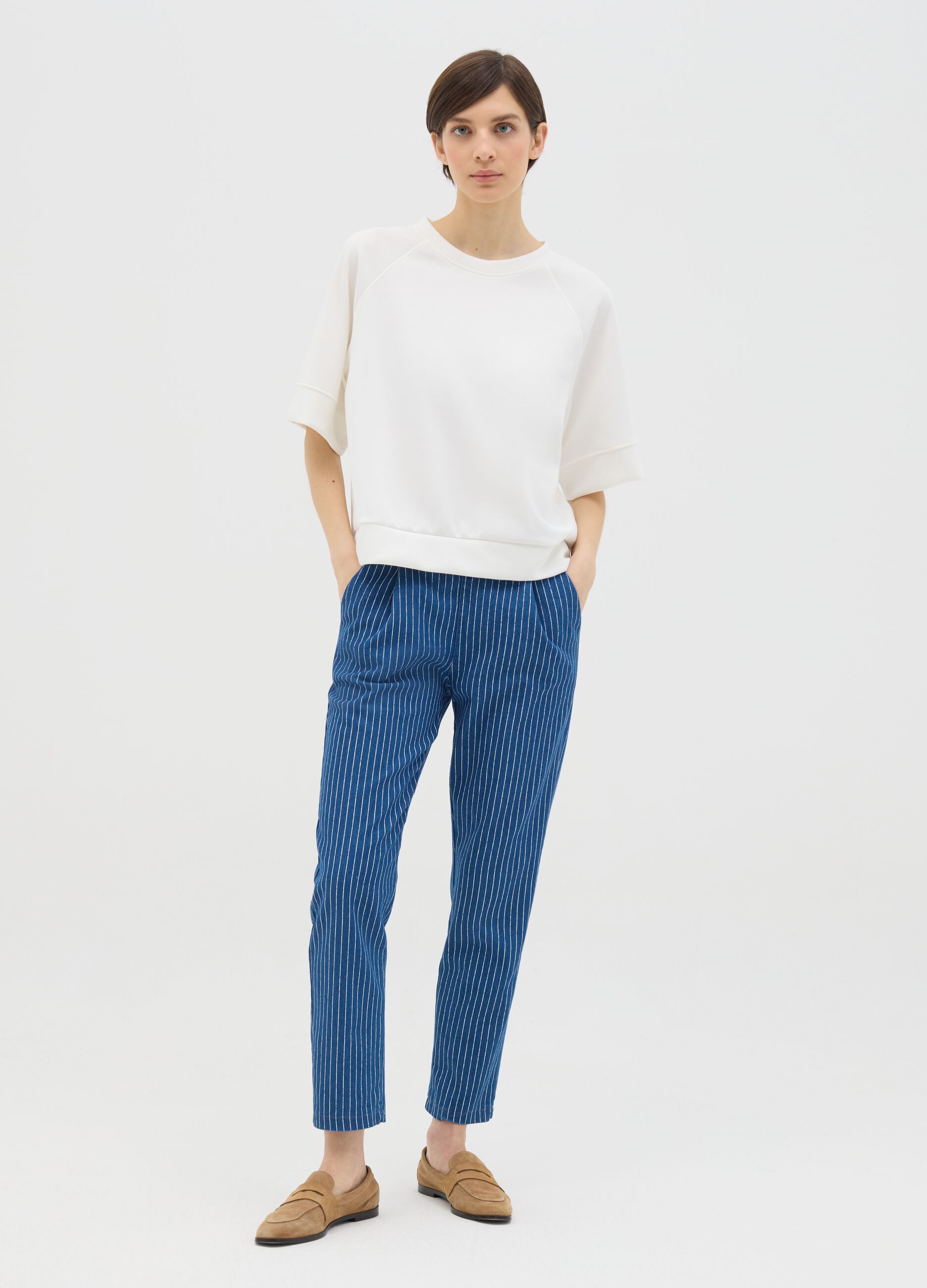 Blue cigarette trousers with striped pattern