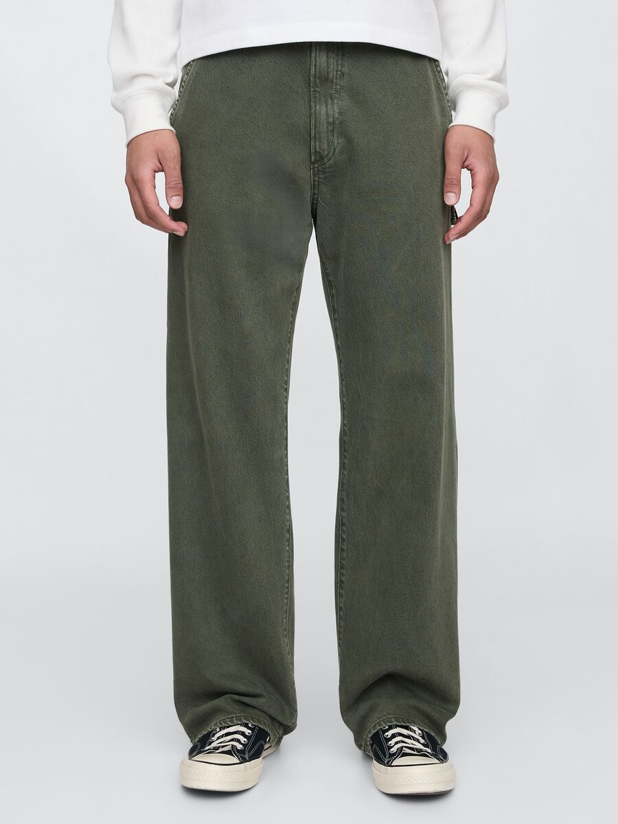 Wide Green Cargo Trousers in Cotton Blend_1