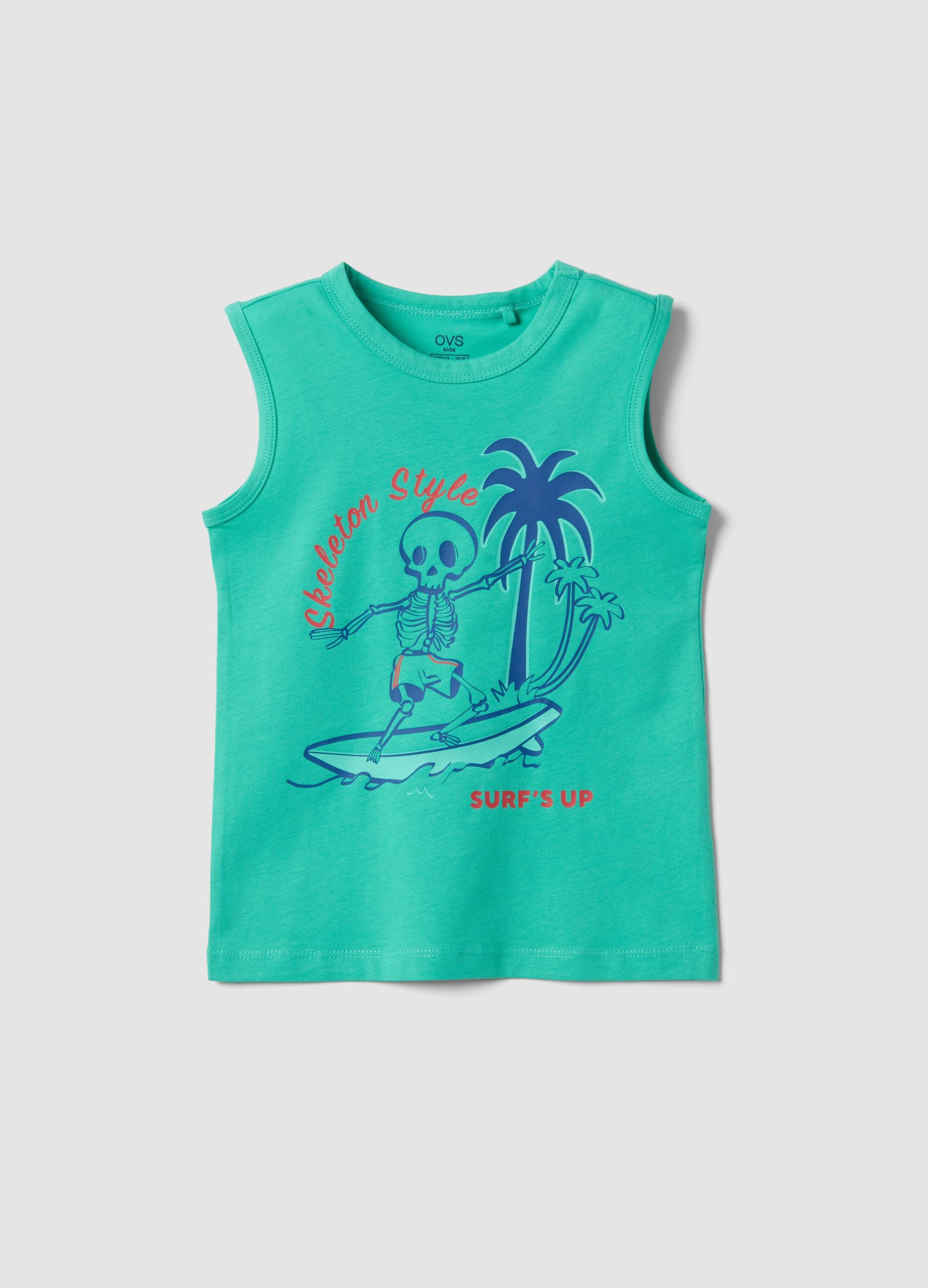 Green pure cotton vest top with surf print