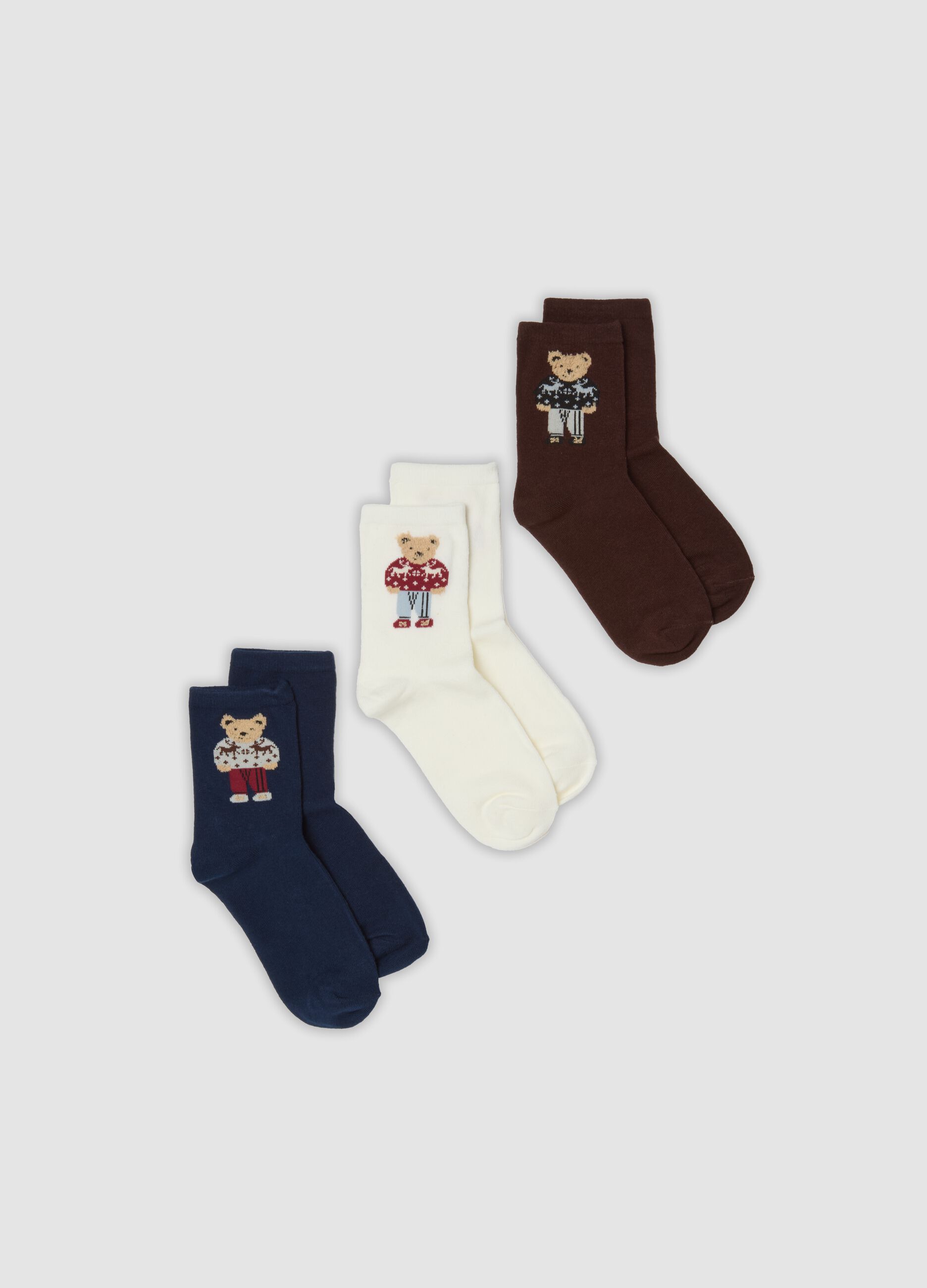 Multicolour stretch organic cotton three-pack socks with teddy bear