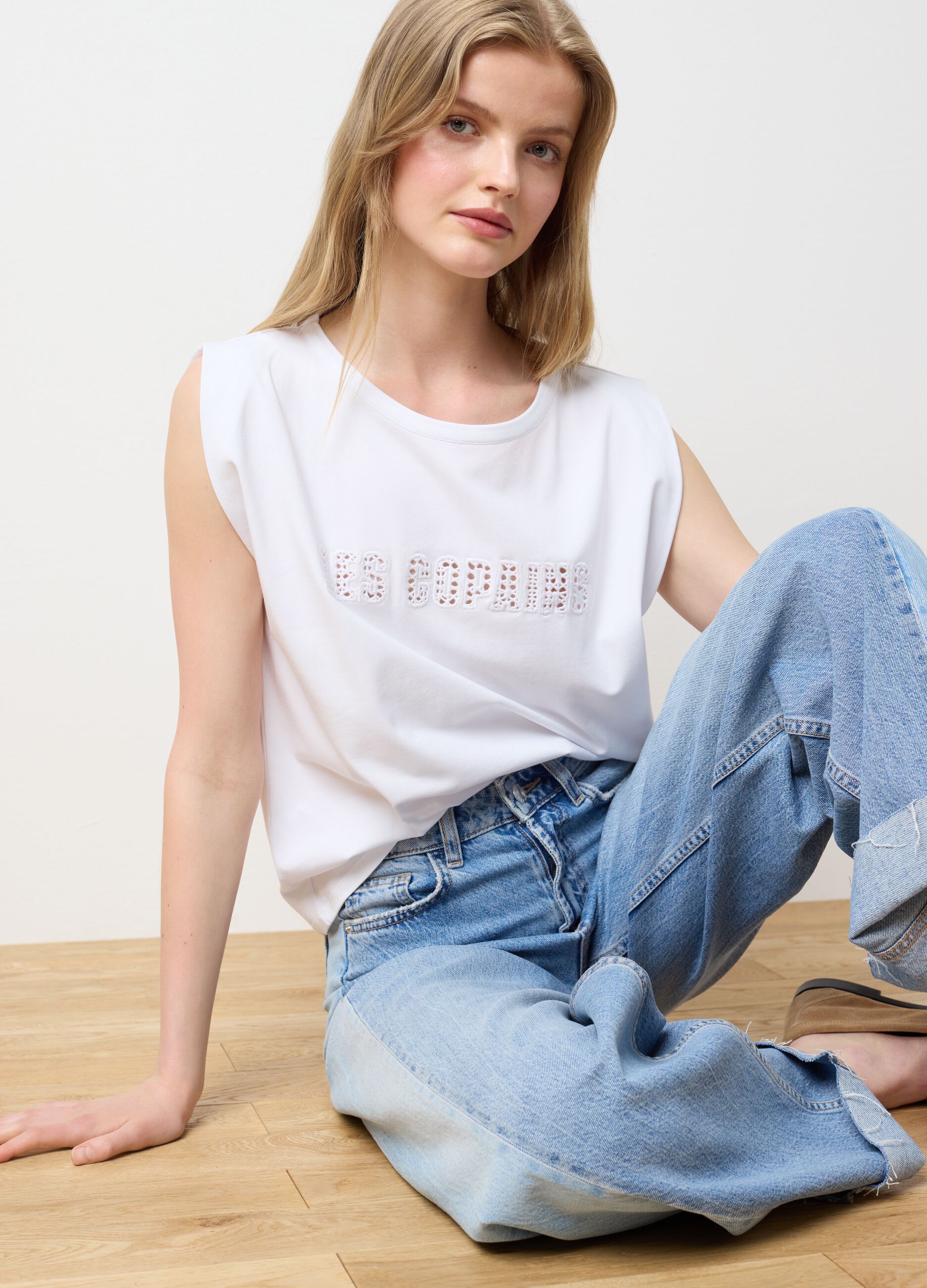 White stretch cotton T-shirt with logo